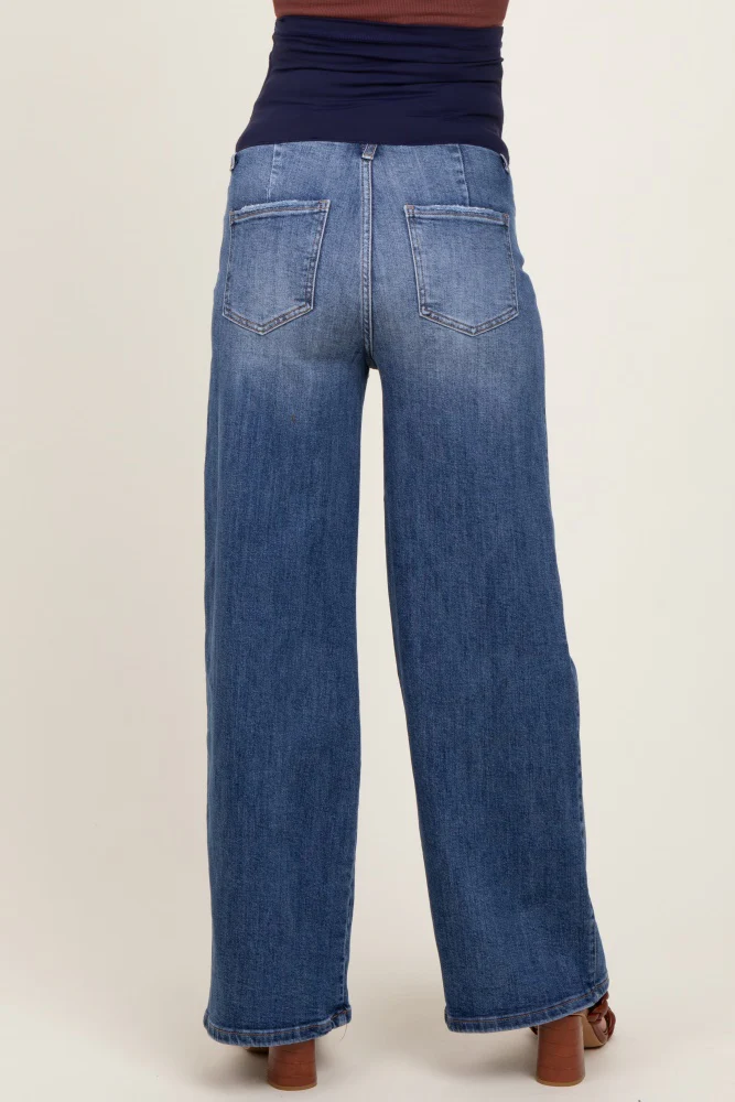 Blue Relaxed Wide Leg Maternity Jeans - Image 5