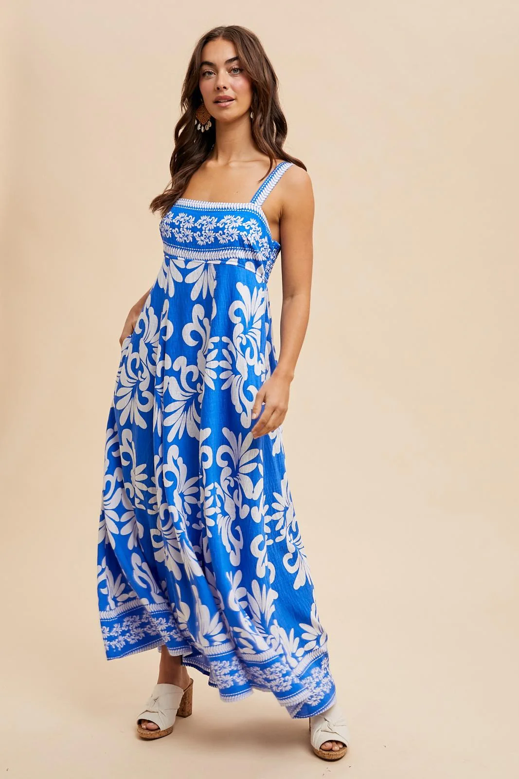 Blue Resort Border Print Maternity Maxi Dress - Image 4