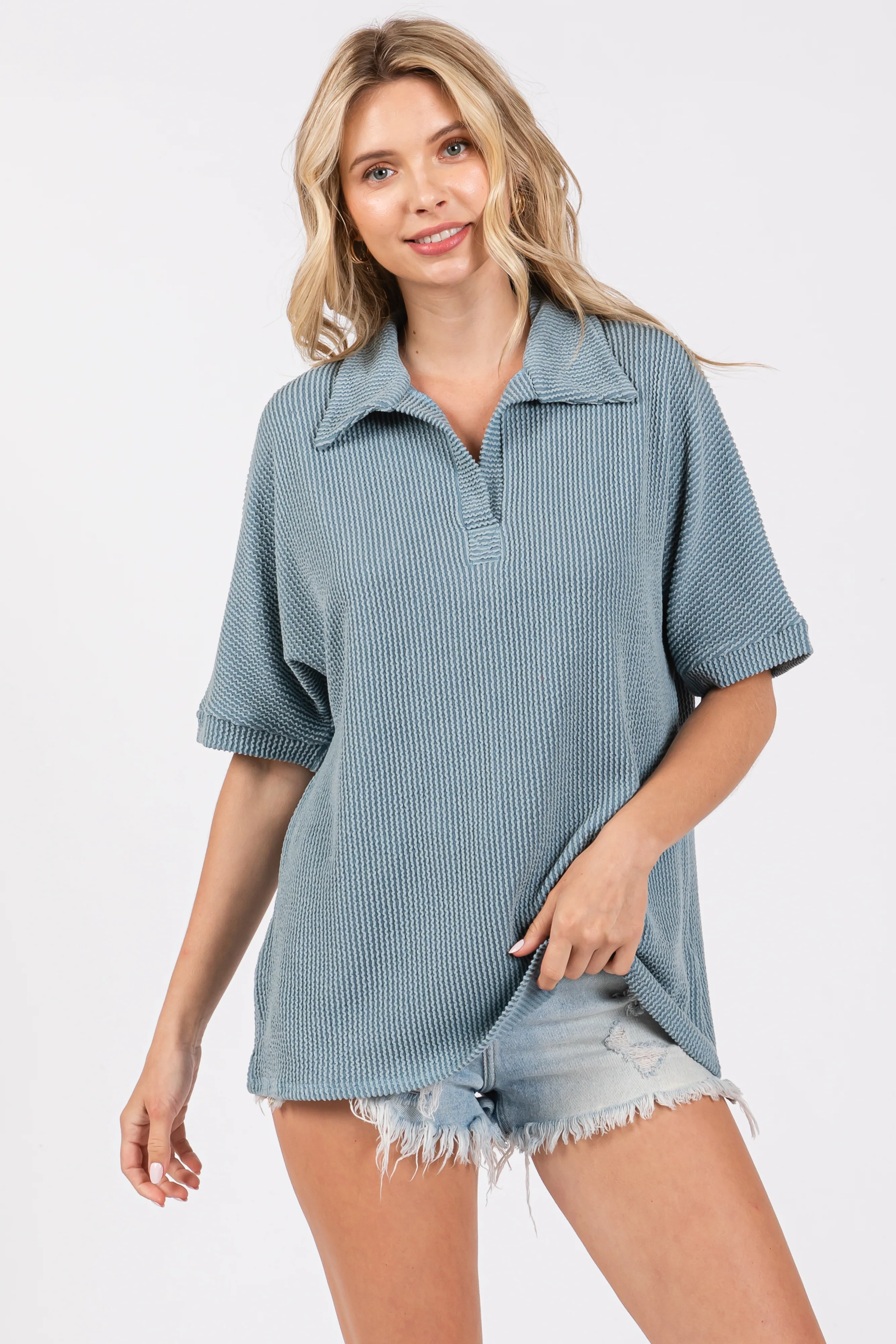 Blue Ribbed Collared Maternity Top - Image 5