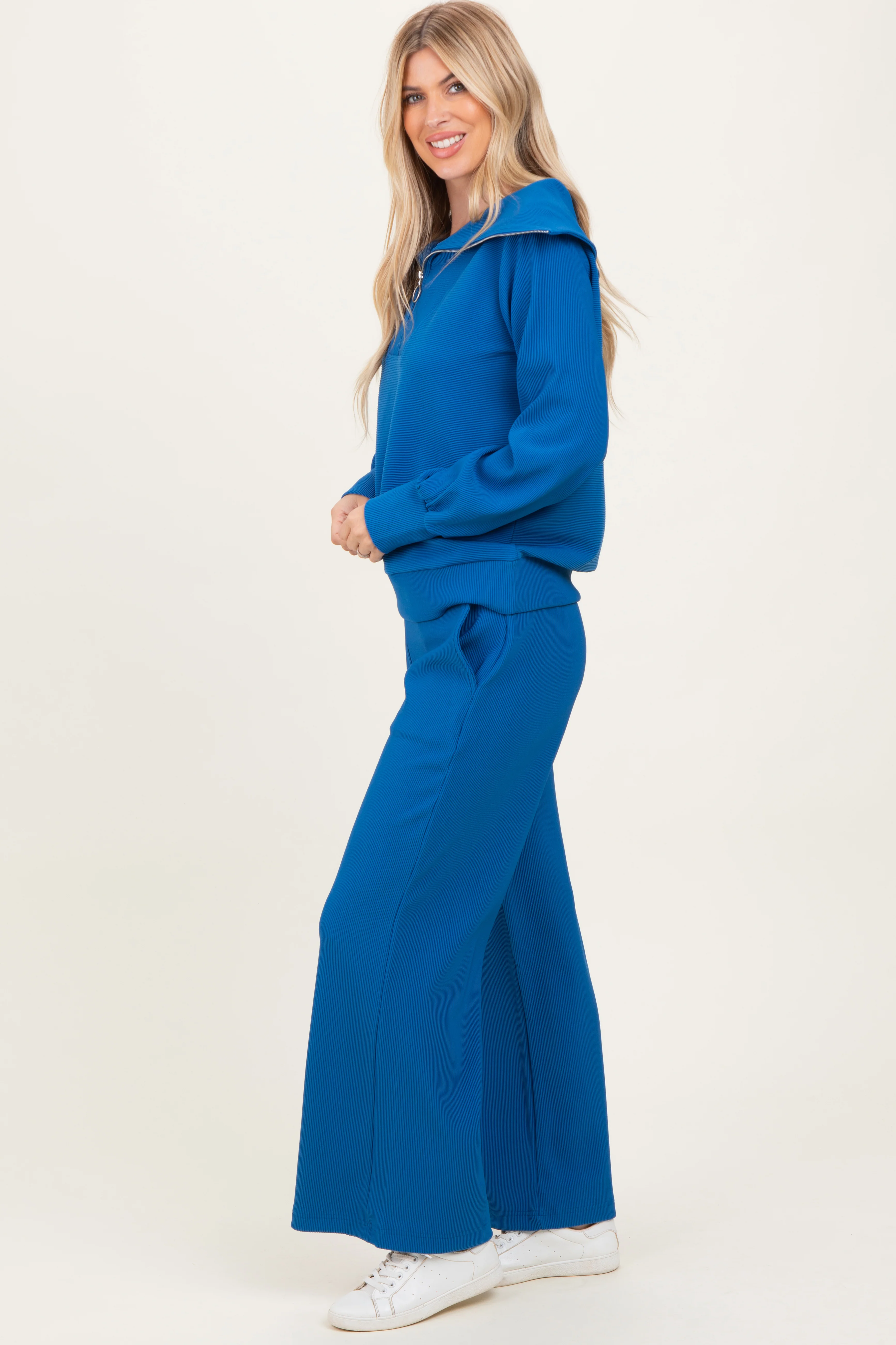 Blue Ribbed High Neck Half Zip Pullover Pant Set - Image 3