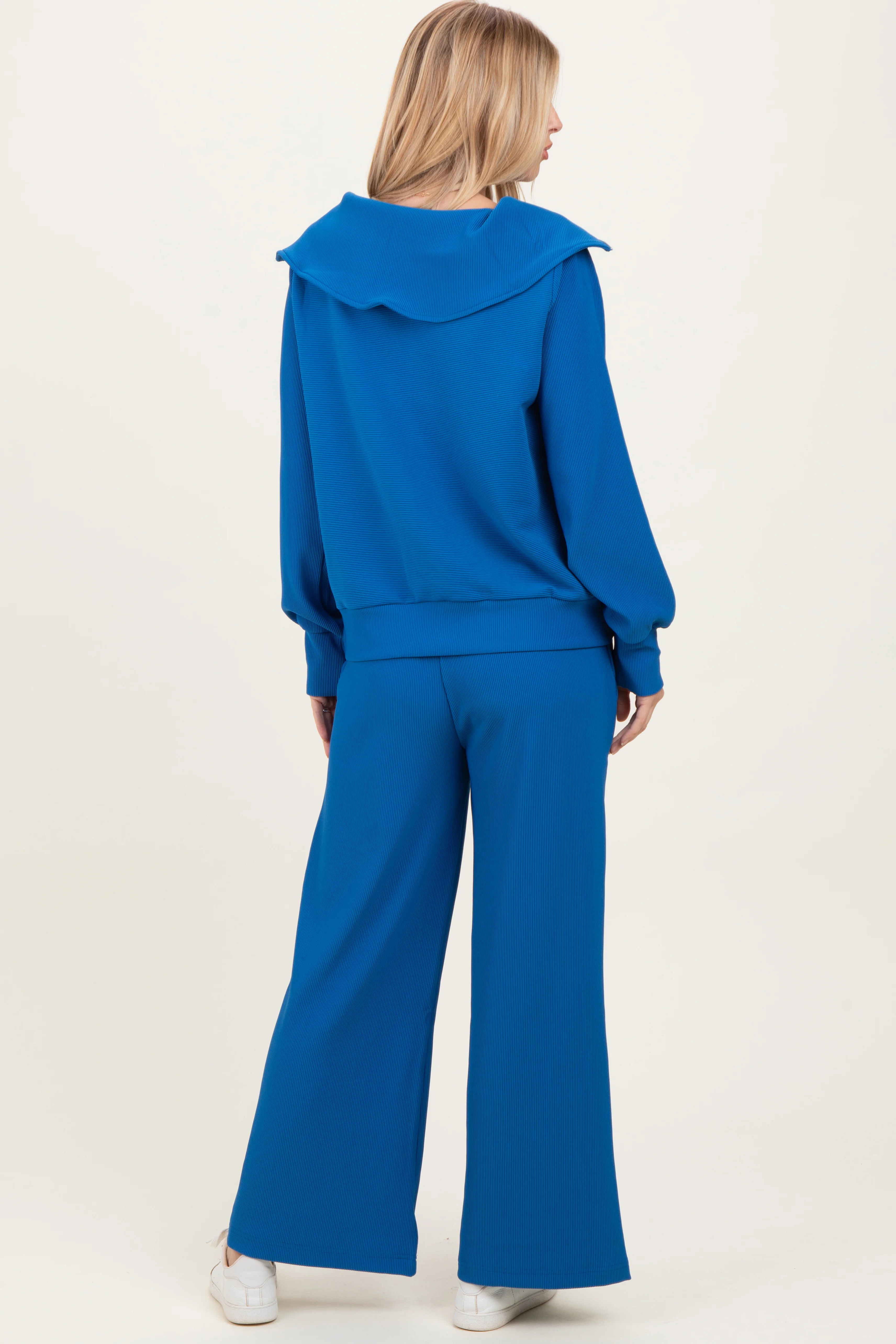Blue Ribbed High Neck Half Zip Pullover Pant Set - Image 4