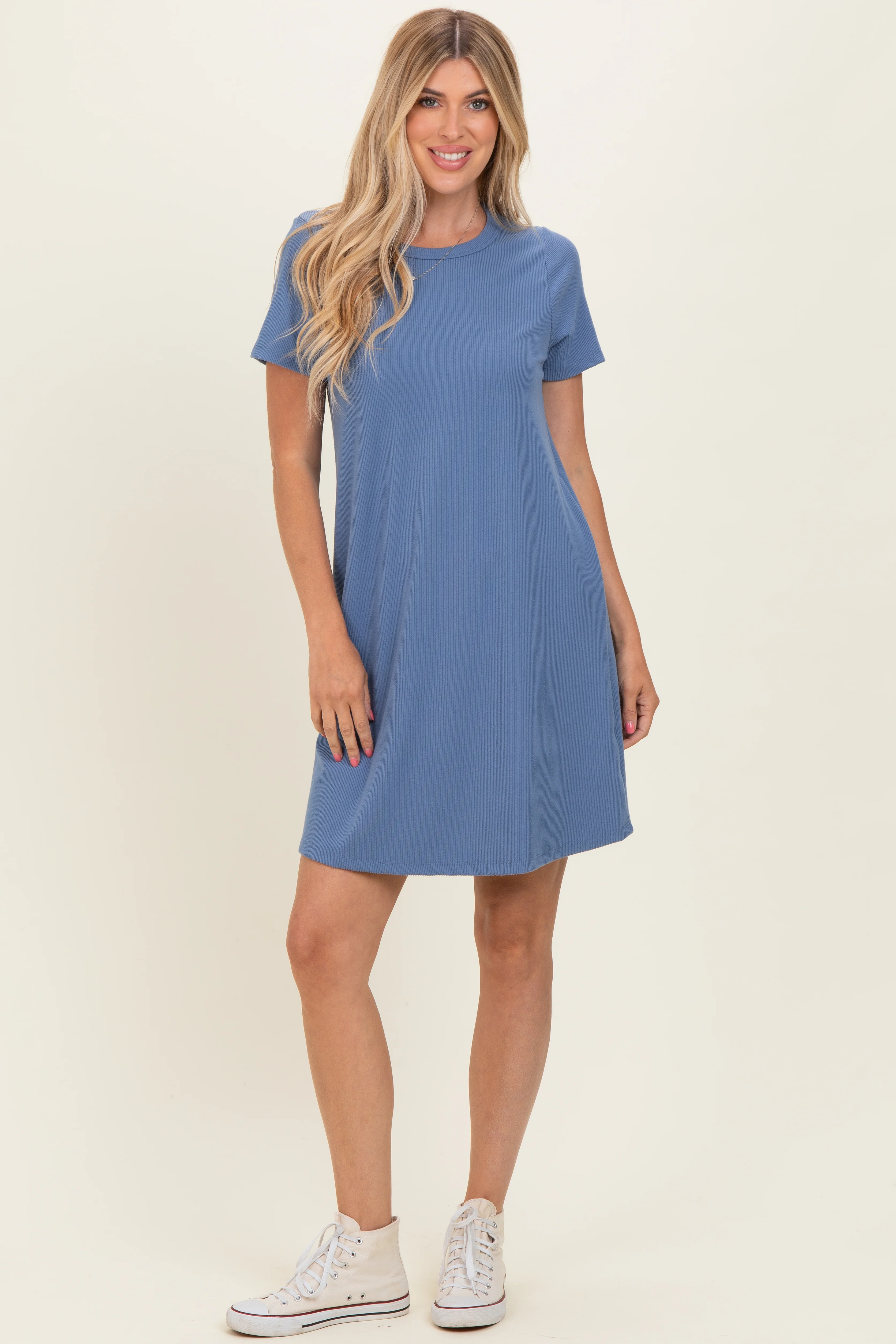 Blue Ribbed Knit Basic Short Sleeve Maternity T-Shirt Dress - Image 4