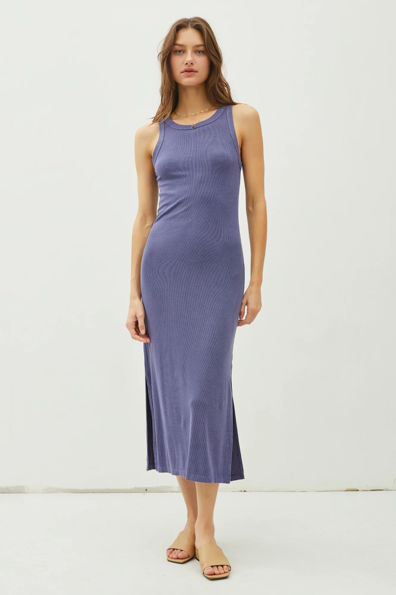 Blue Ribbed Knit Side Slit Sleeveless Maternity Dress - Image 5