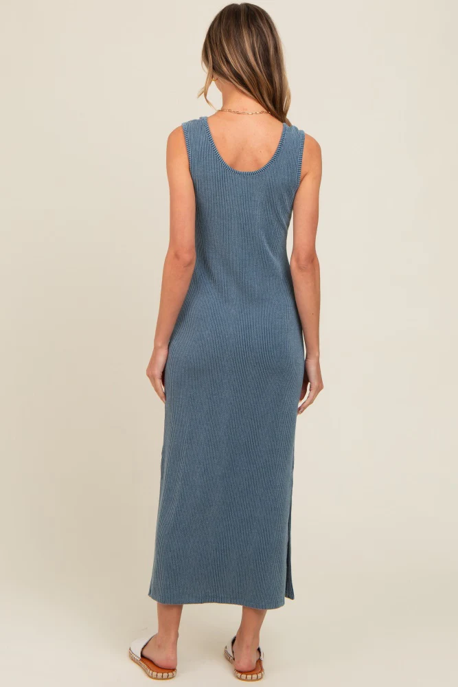 Blue Ribbed Side Slit Maxi Dress - Image 3
