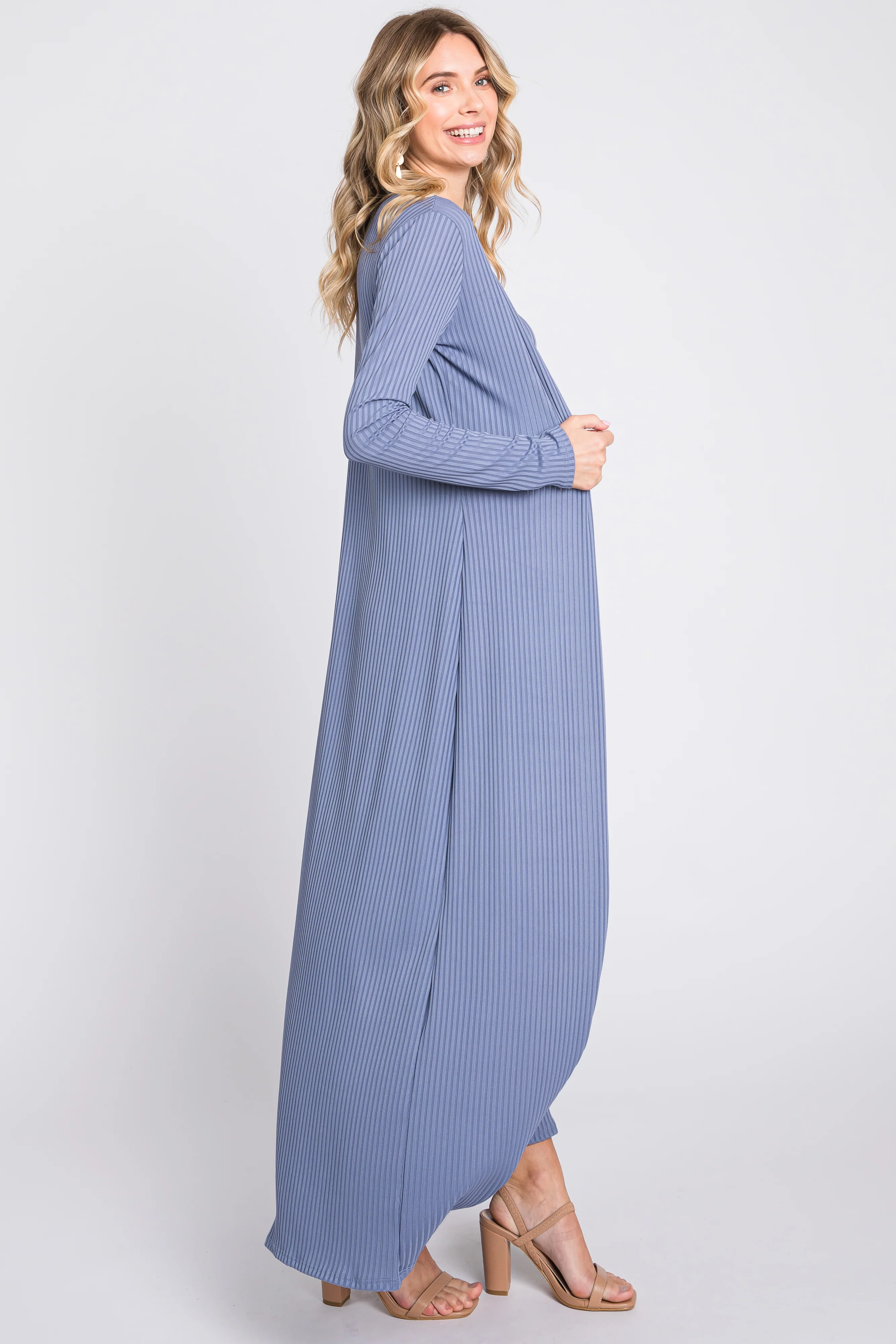 Blue Ribbed Sleeveless Dress Cardigan Set - Image 3