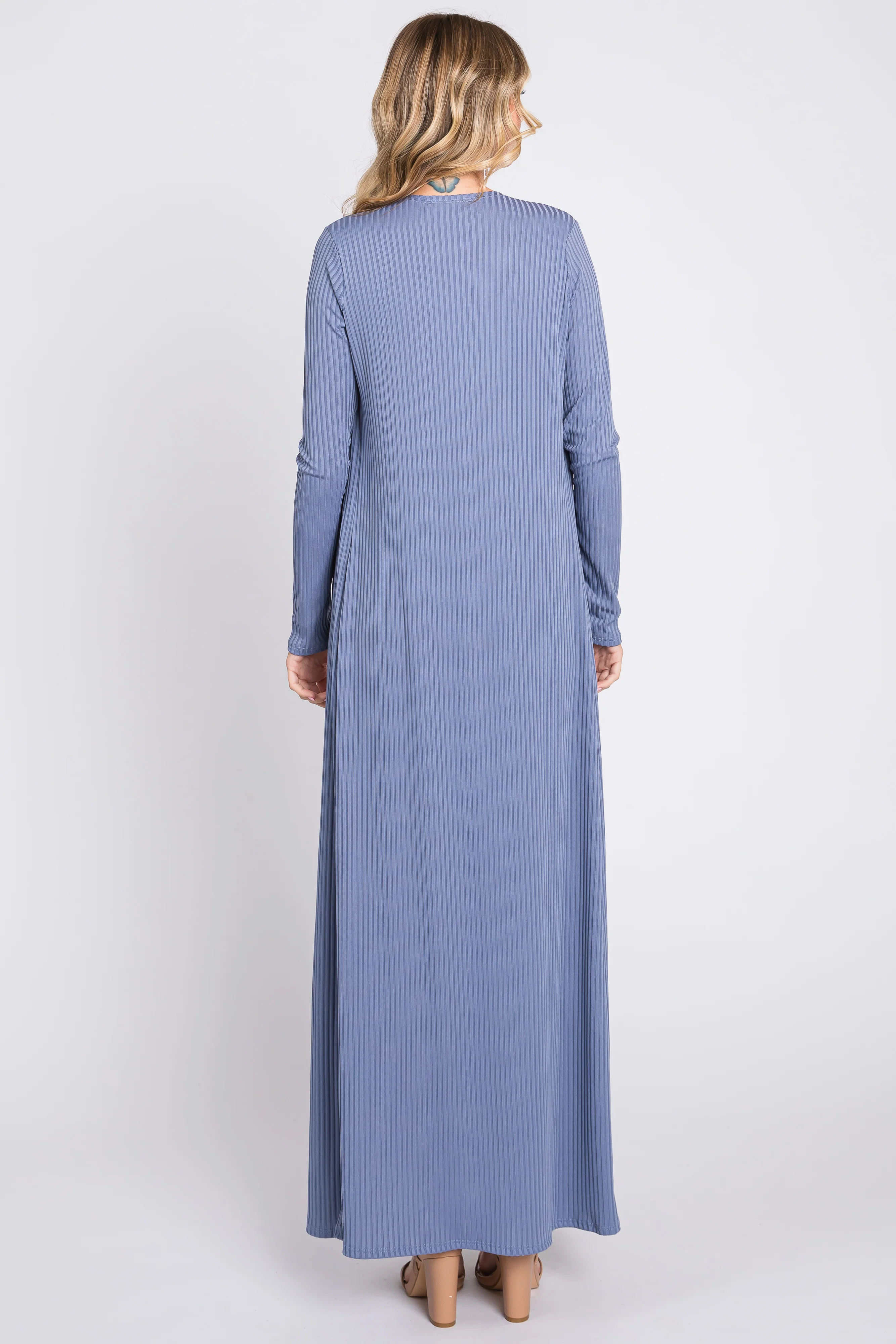 Blue Ribbed Sleeveless Dress Cardigan Set - Image 4