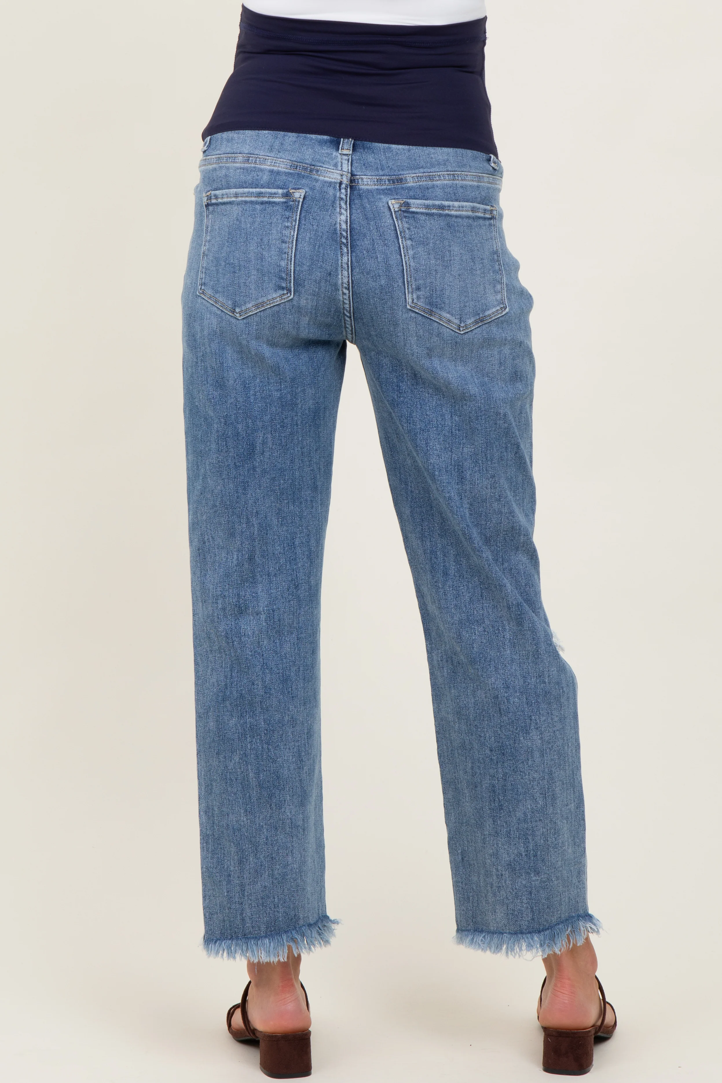 Blue Ripped Knee Fringe Hem Straight Leg Maternity Ankle Jeans - Image 5