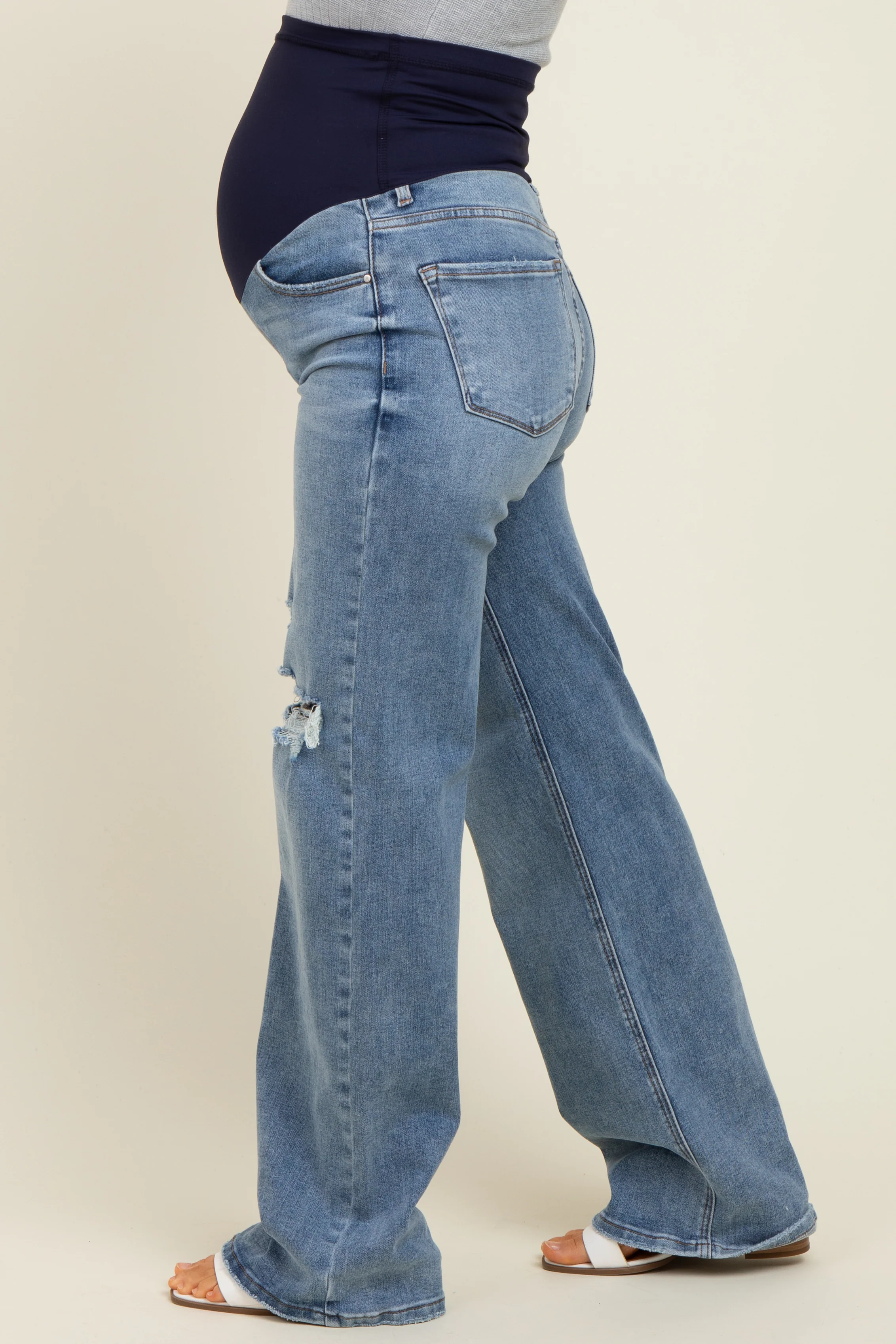 Blue Ripped Knee Wide Leg Maternity Jeans - Image 4