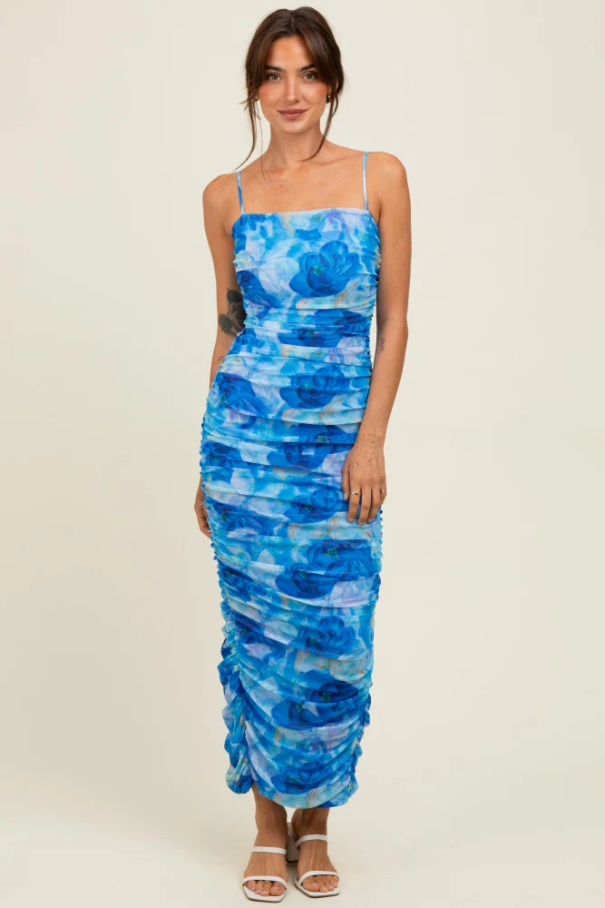 Blue Rose Floral Mesh Sleeveless Ruched Dress - Image 2