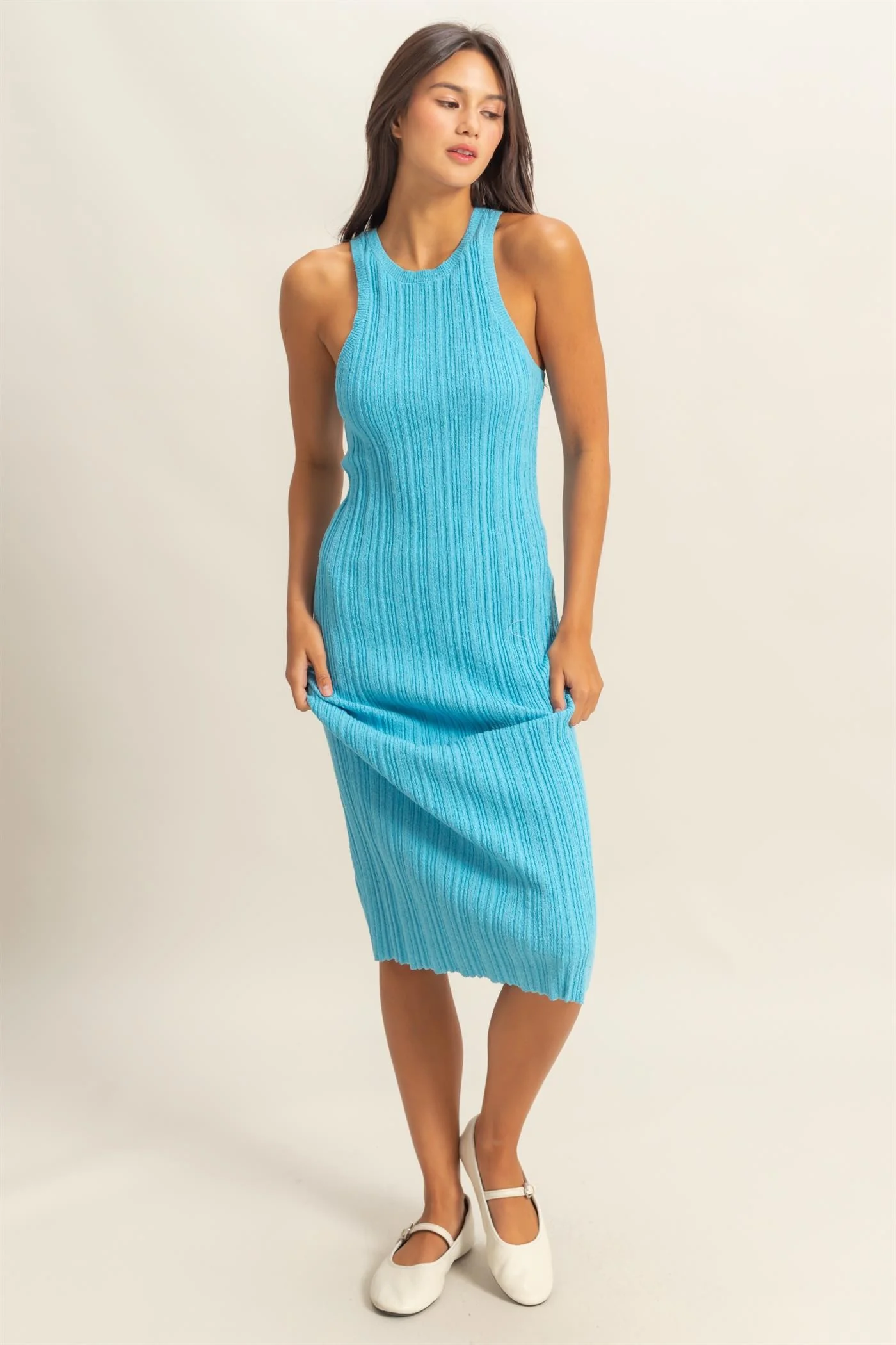 Blue Round Neck Bodycon Ribbed Knit Maternity Midi Dress - Image 4