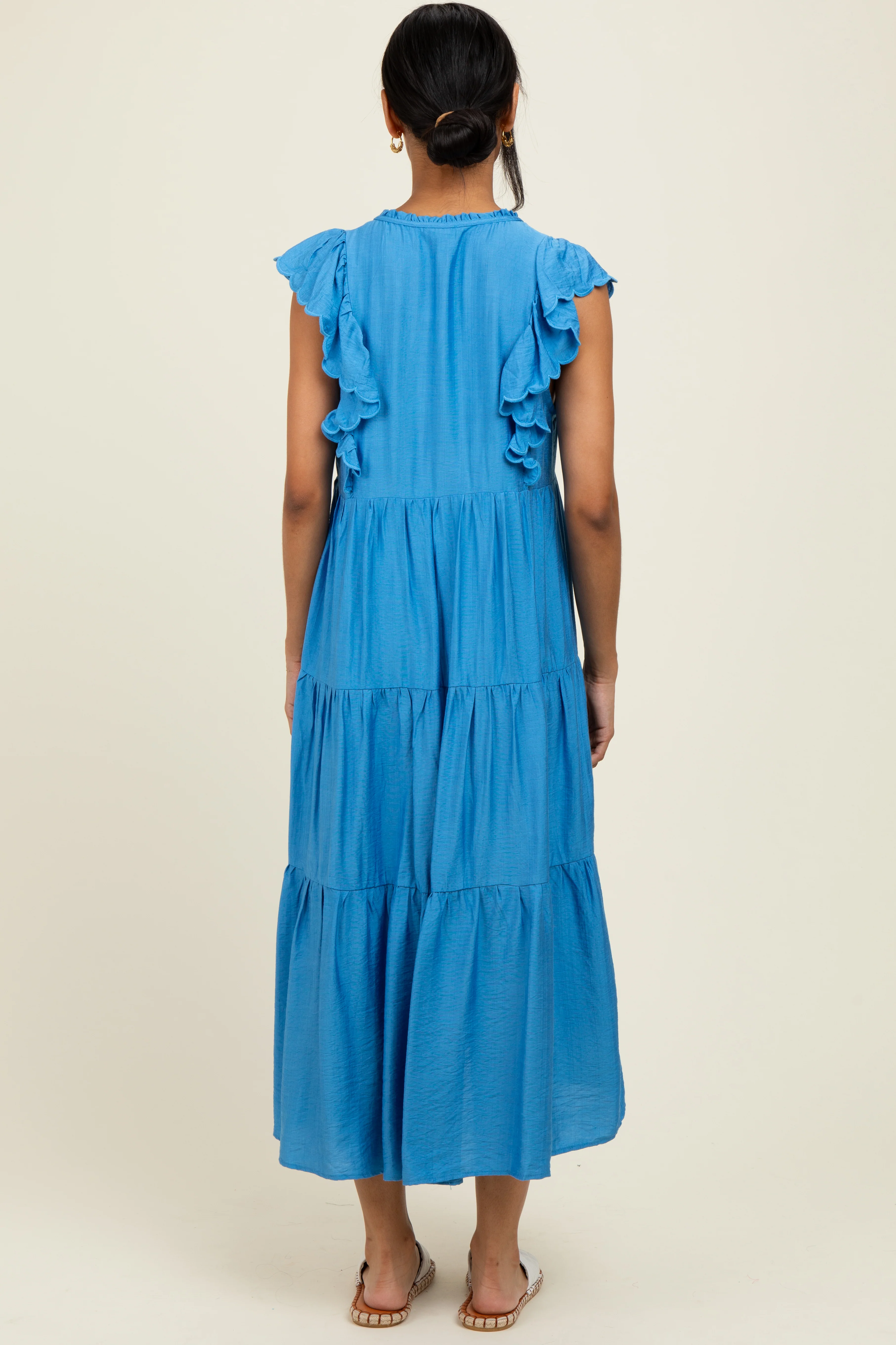 Blue Ruffle Sleeve Tiered Midi Dress - Image 3