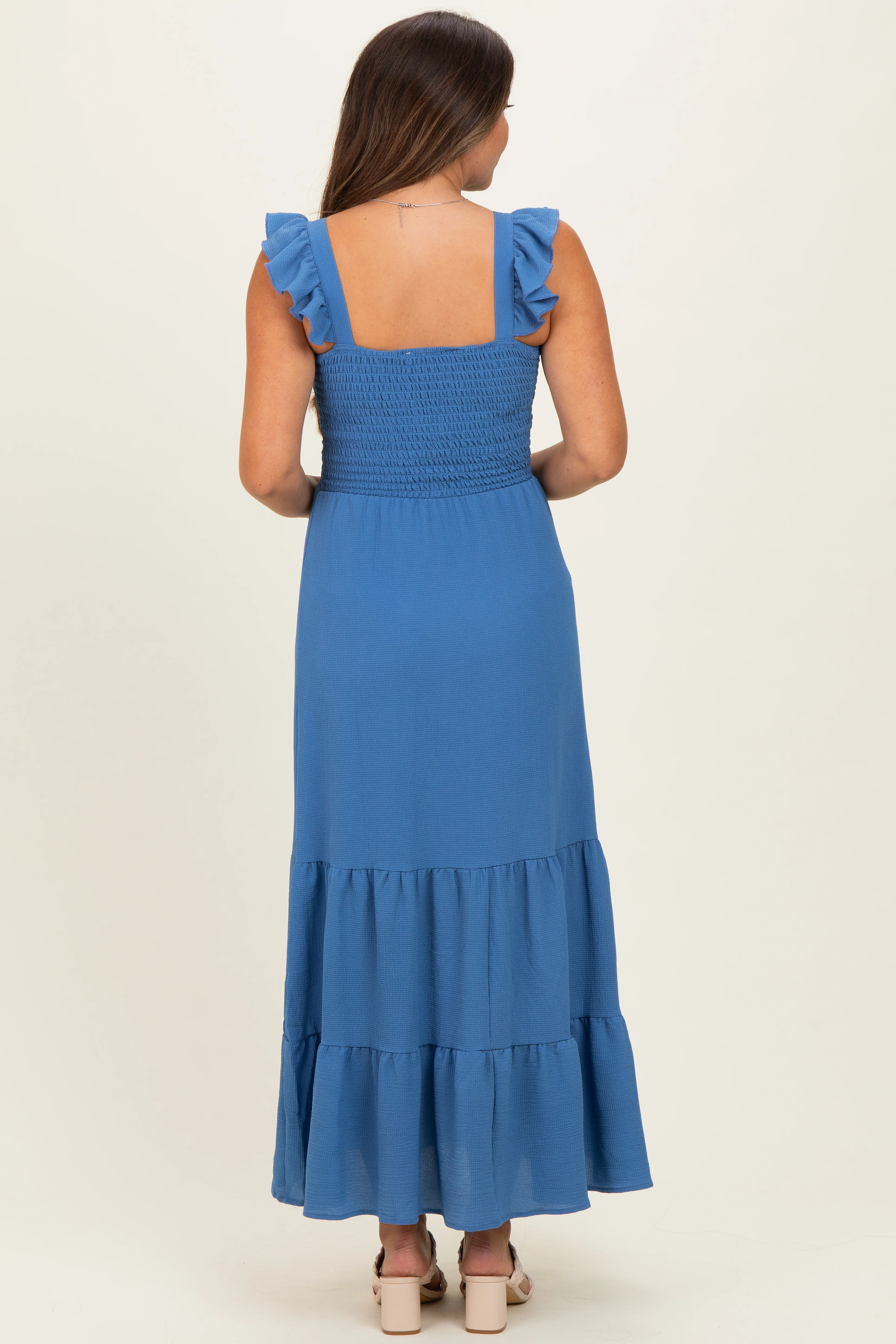 Blue Ruffle Strap Smocked Maternity Maxi Dress - Image 3