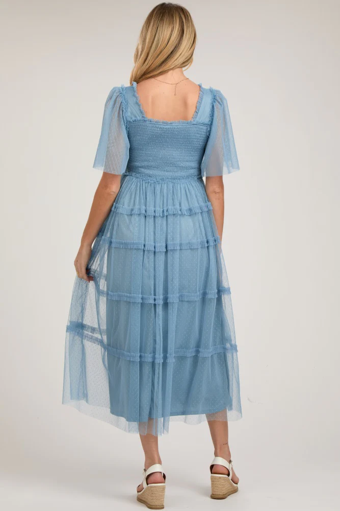 Blue Ruffled Mesh Maternity Maxi Dress - Image 3