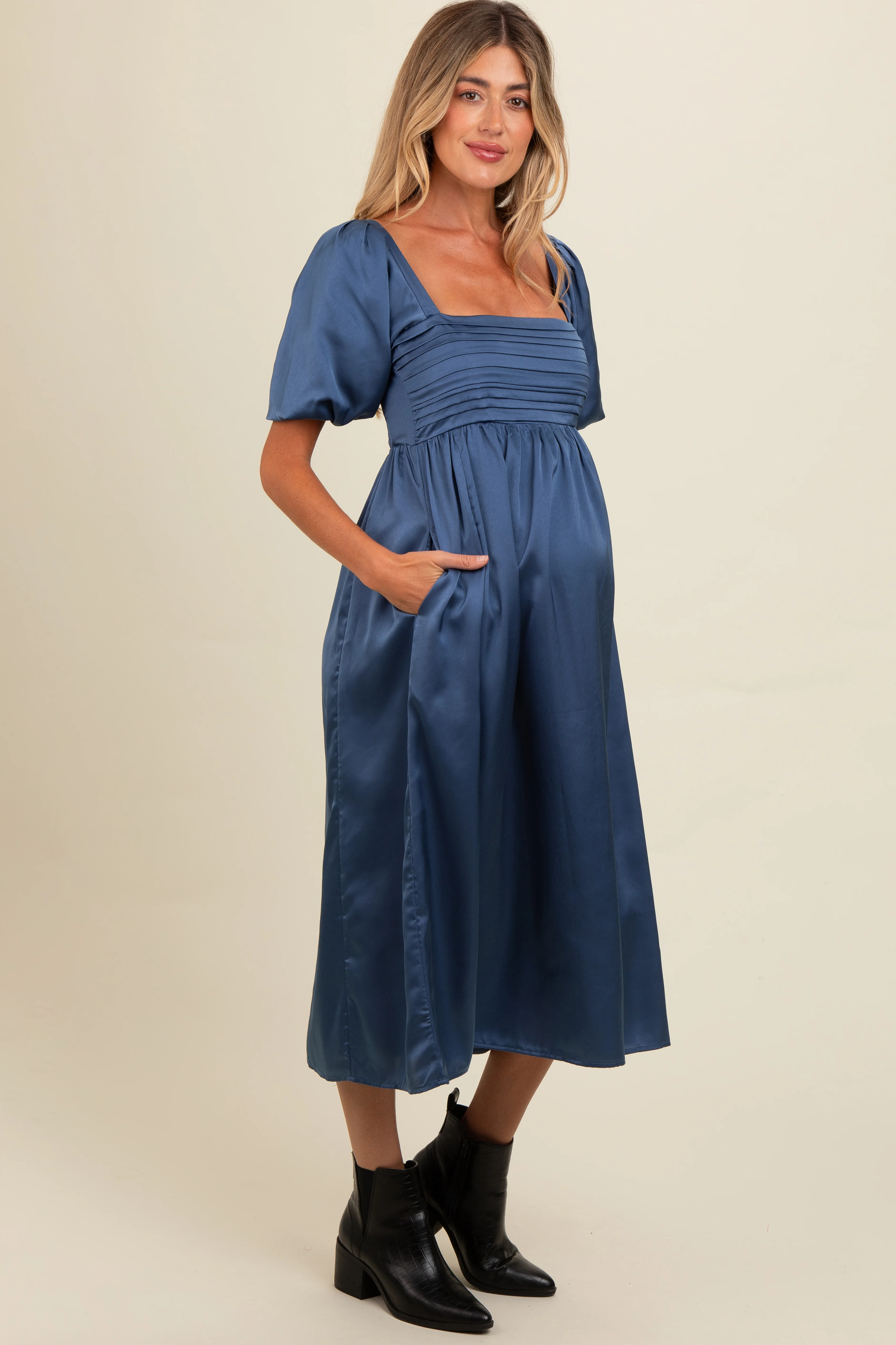 Blue Satin Pleated Bodice Puff Sleeve Maternity Midi Dress - Image 3