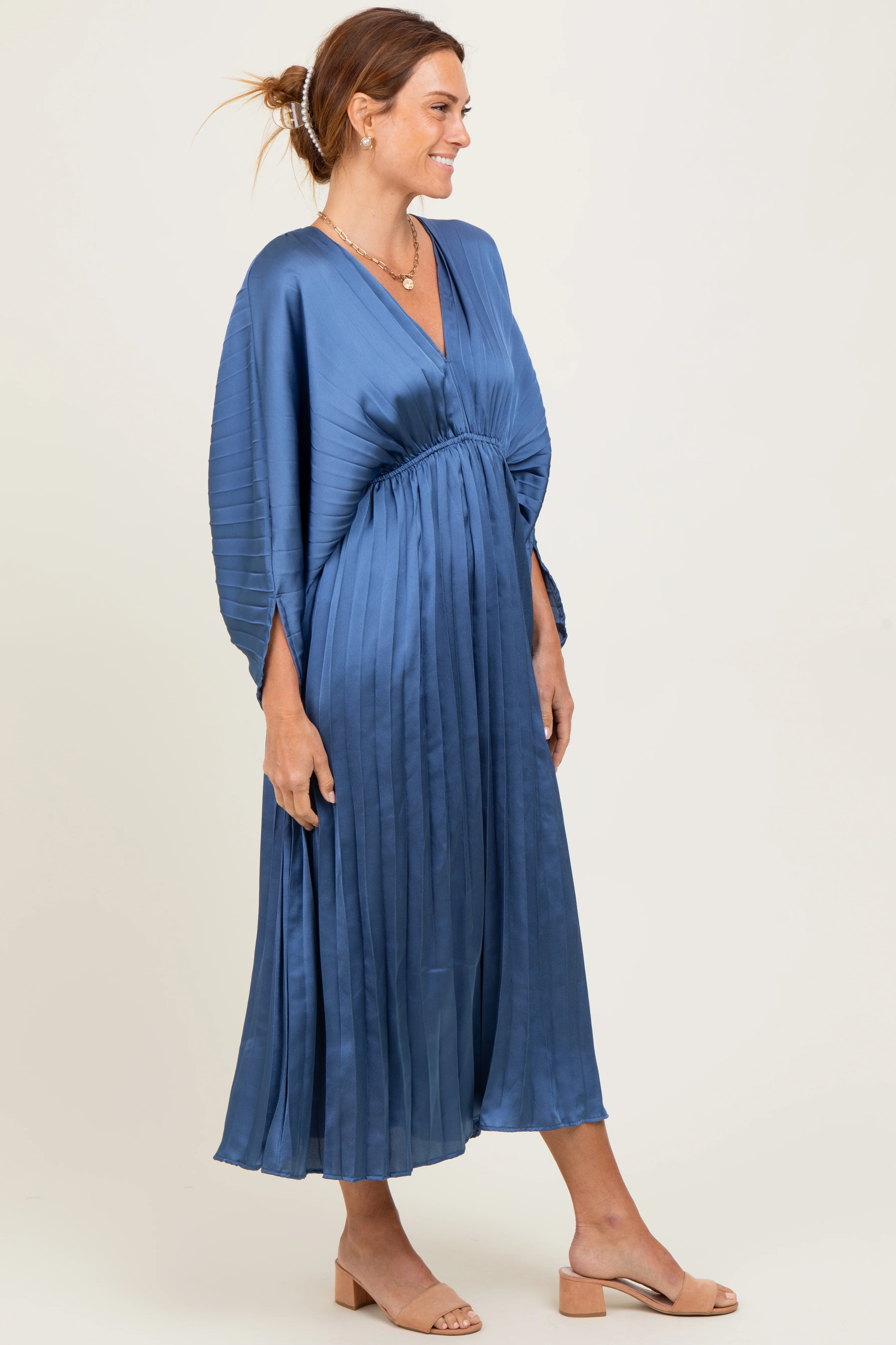 Blue Satin Pleated V-Neck Maxi Dress - Image 3