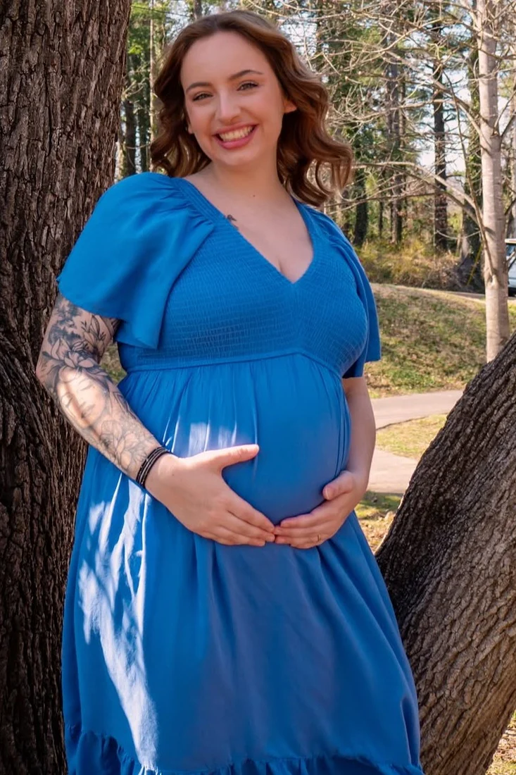Blue Smocked Flutter Sleeve Maternity Midi Dress - Image 4