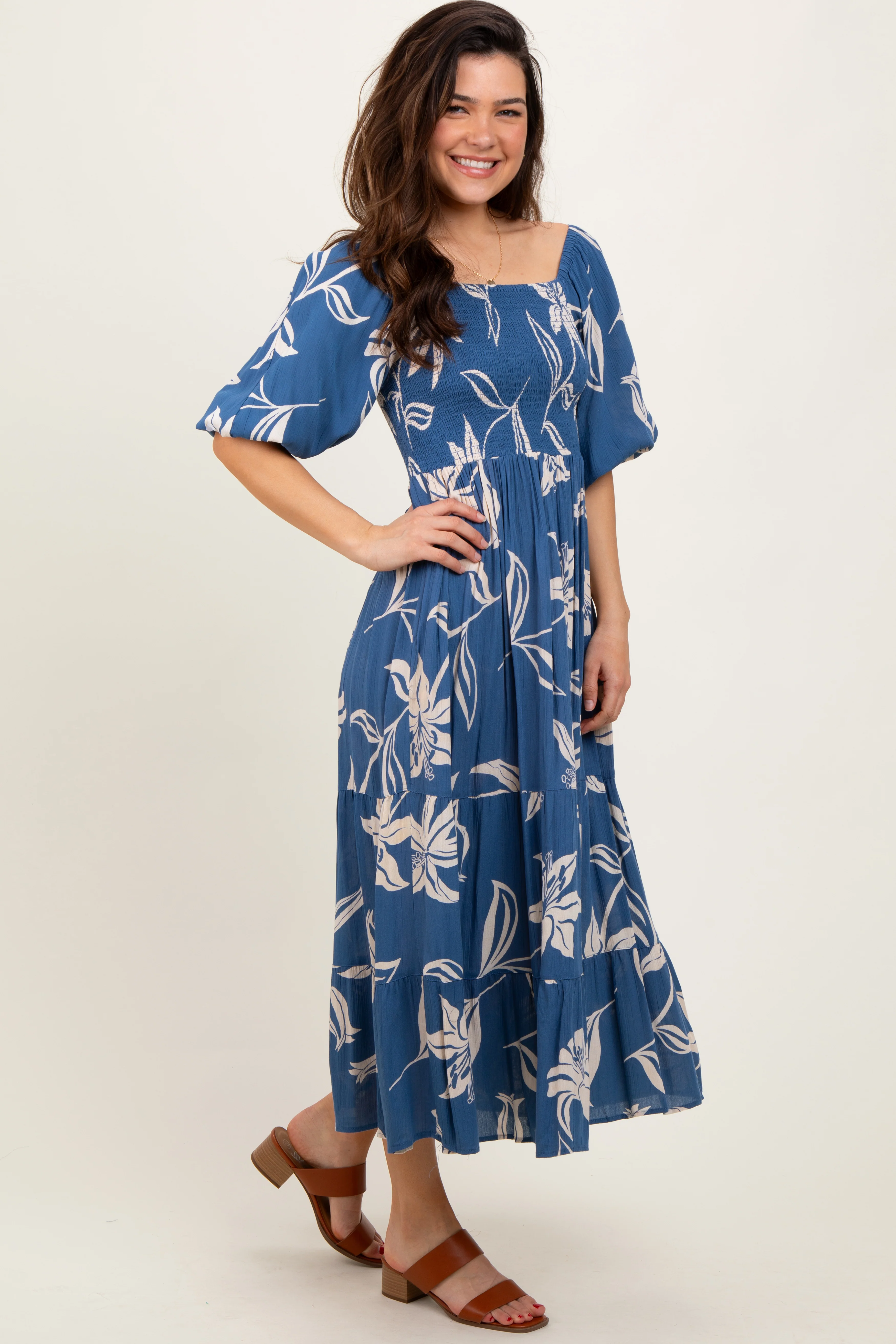 Blue Smocked Puff Sleeve Midi Dress - Image 3