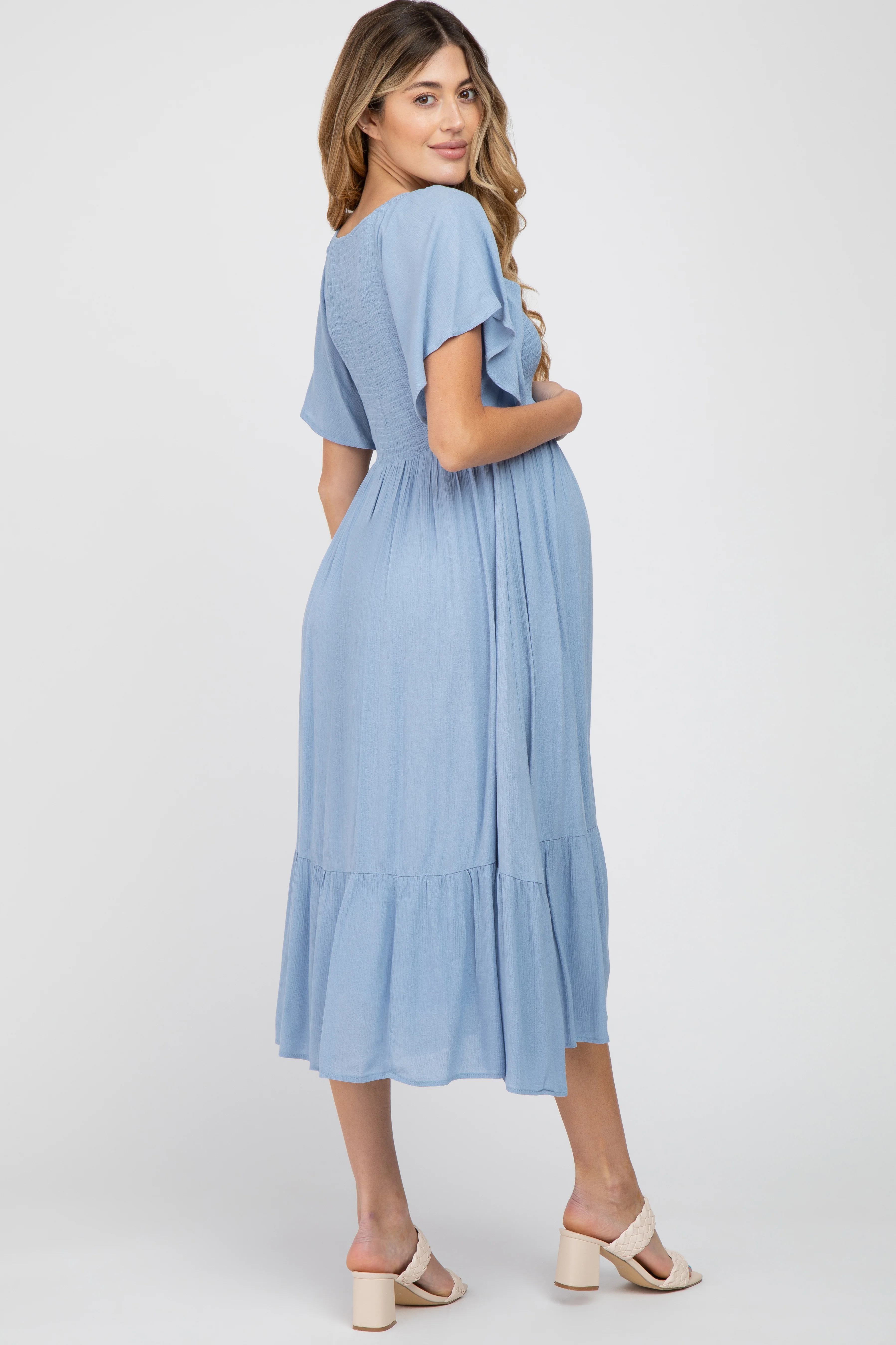 Blue Smocked Ruffle Maternity Dress - Image 3