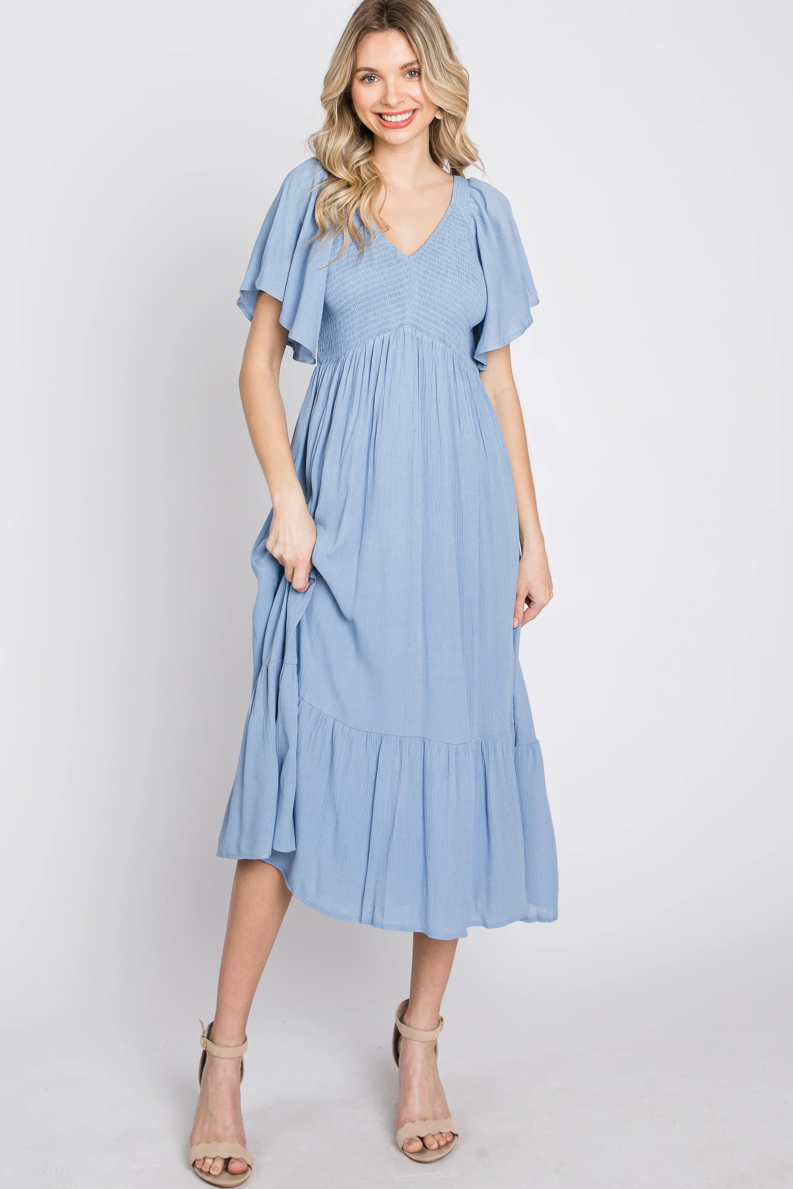 Blue Smocked Ruffle Maternity Dress - Image 4
