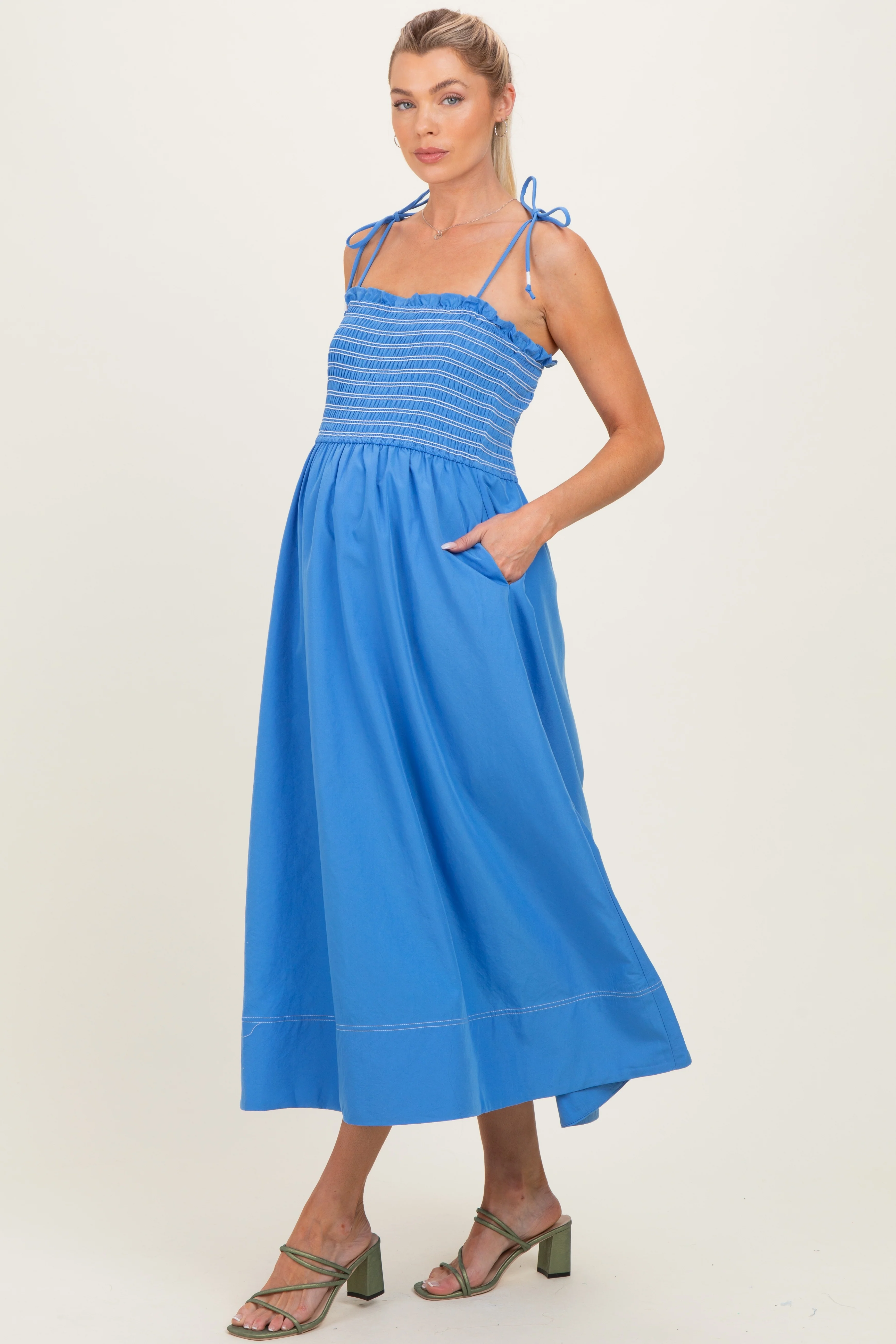 Blue Smocked Shoulder Tie Maternity Midi Dress - Image 3