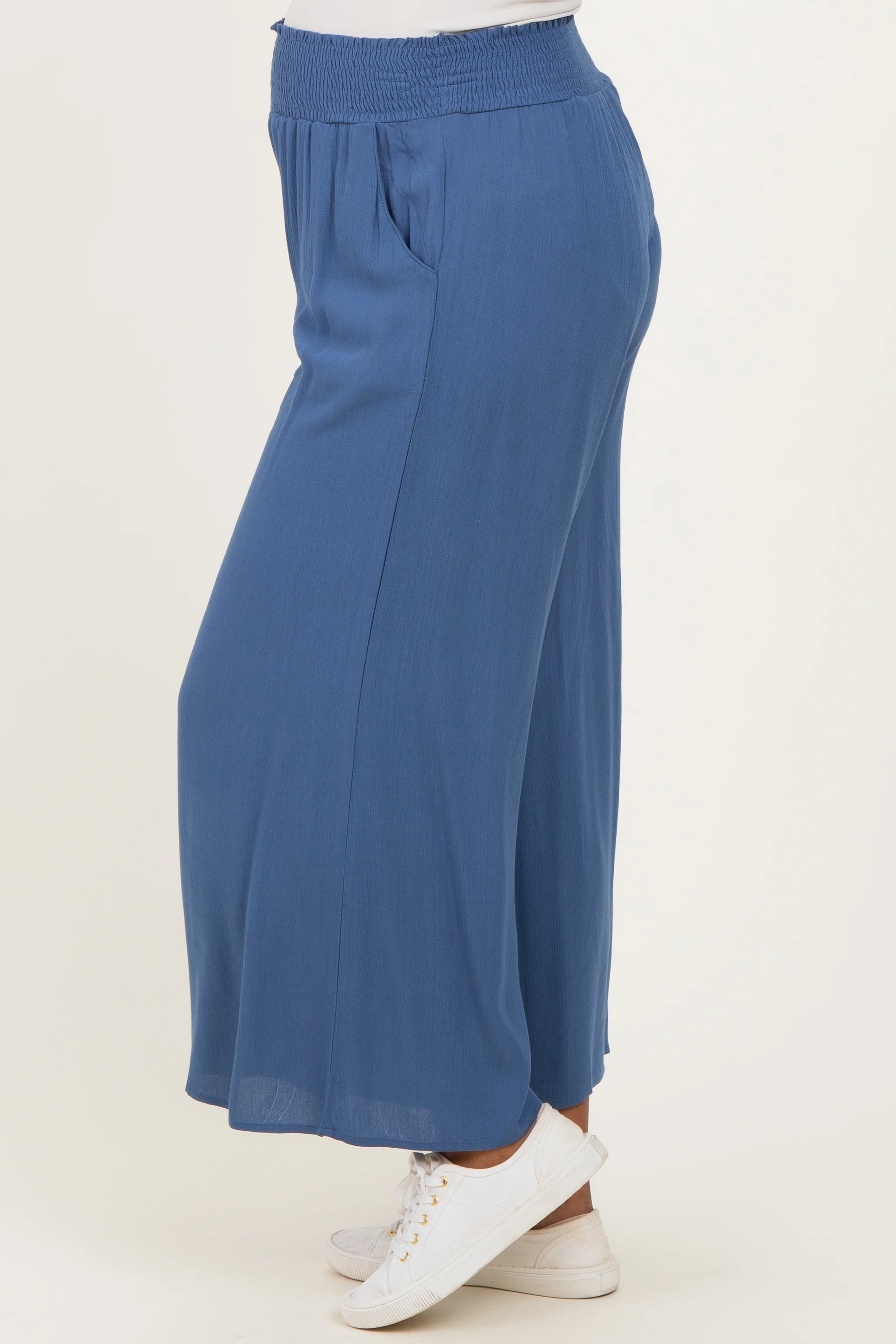 Blue Smocked Waist Ankle Wide Leg Maternity Pants - Image 4