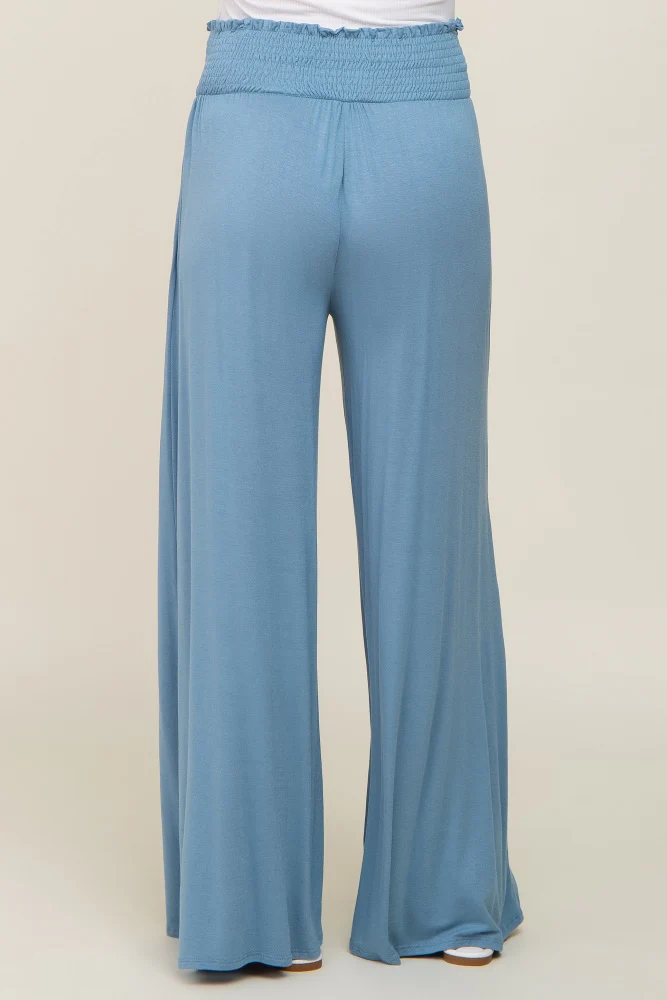 Blue Smocked Waist Flowy Maternity Pants - Image 4