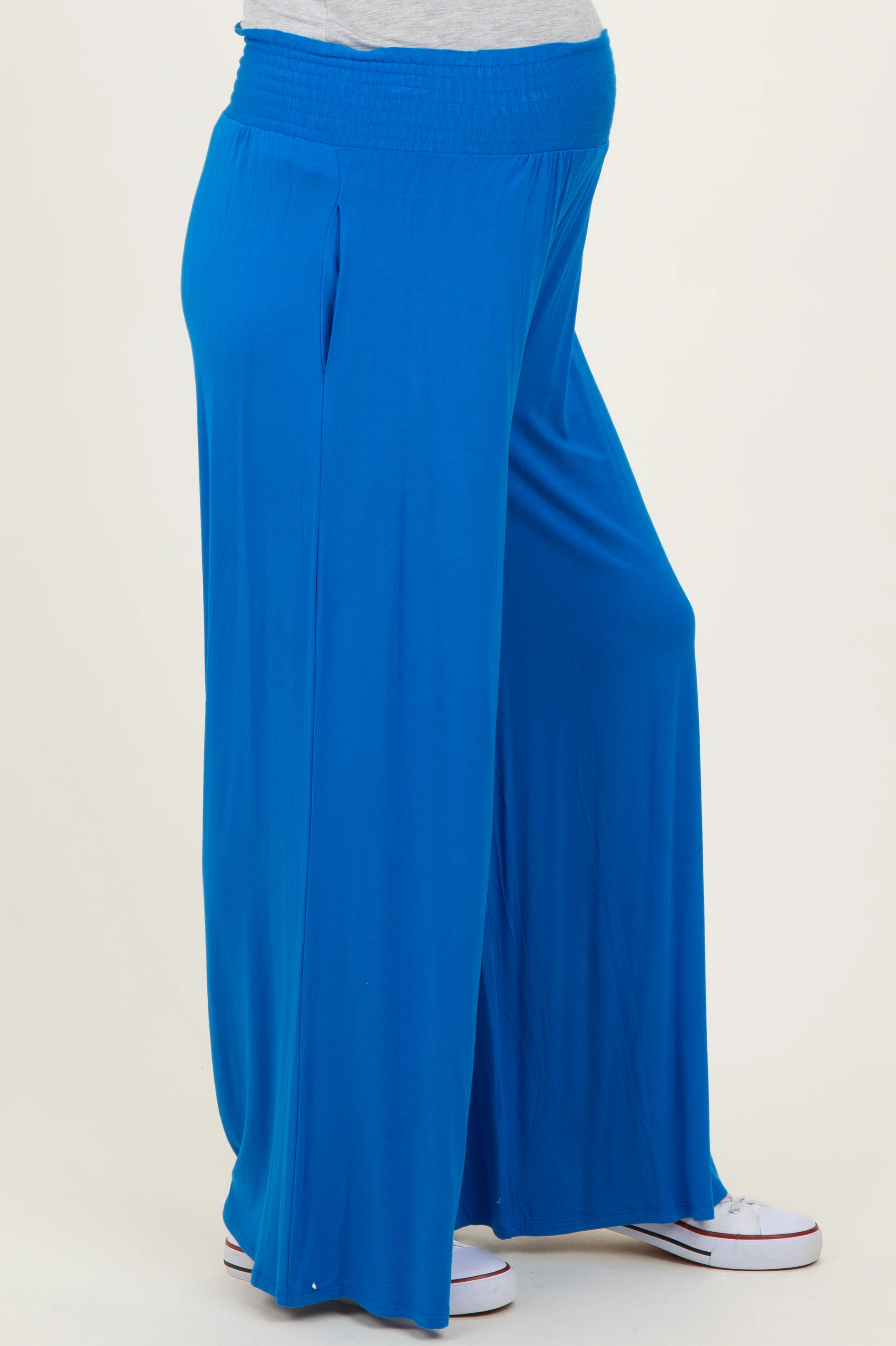 Blue Smocked Waist Wide Leg Maternity Pants - Image 3