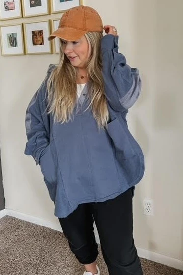 Blue Soft Mixed Knit Button Front Hooded Top - Image 5