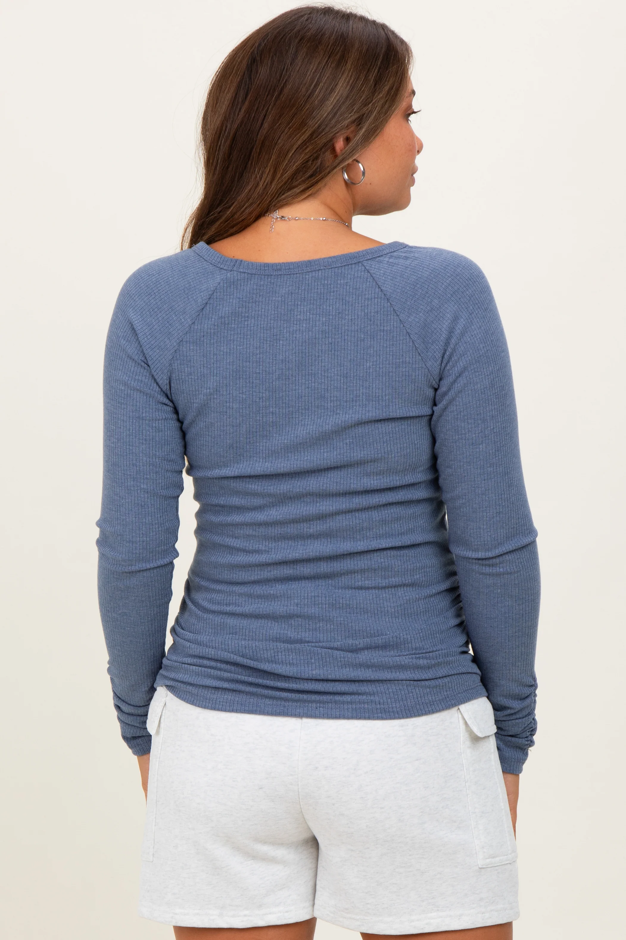 Blue Solid Ribbed Ruched Long Sleeve Maternity Top - Image 3