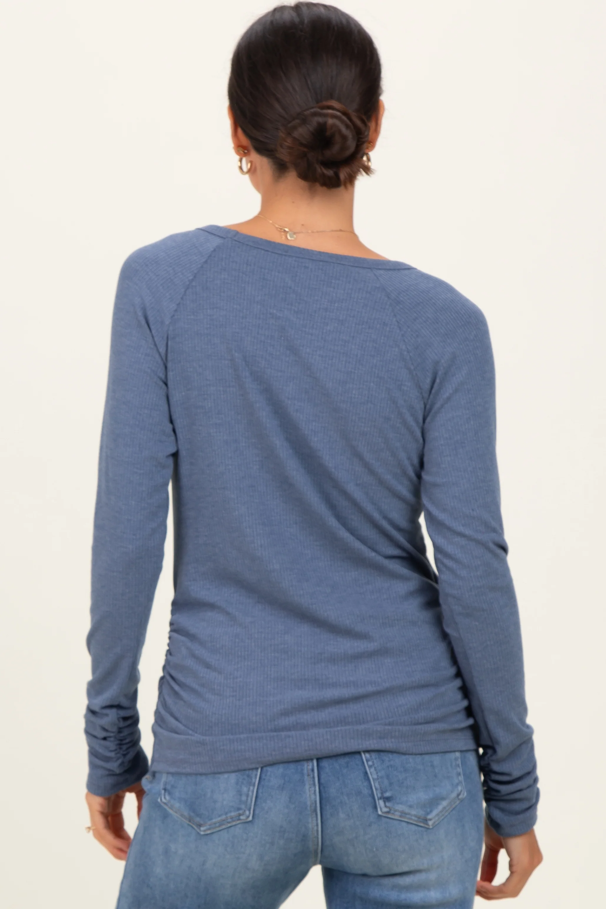 Blue Solid Ribbed Ruched Long Sleeve Top - Image 4