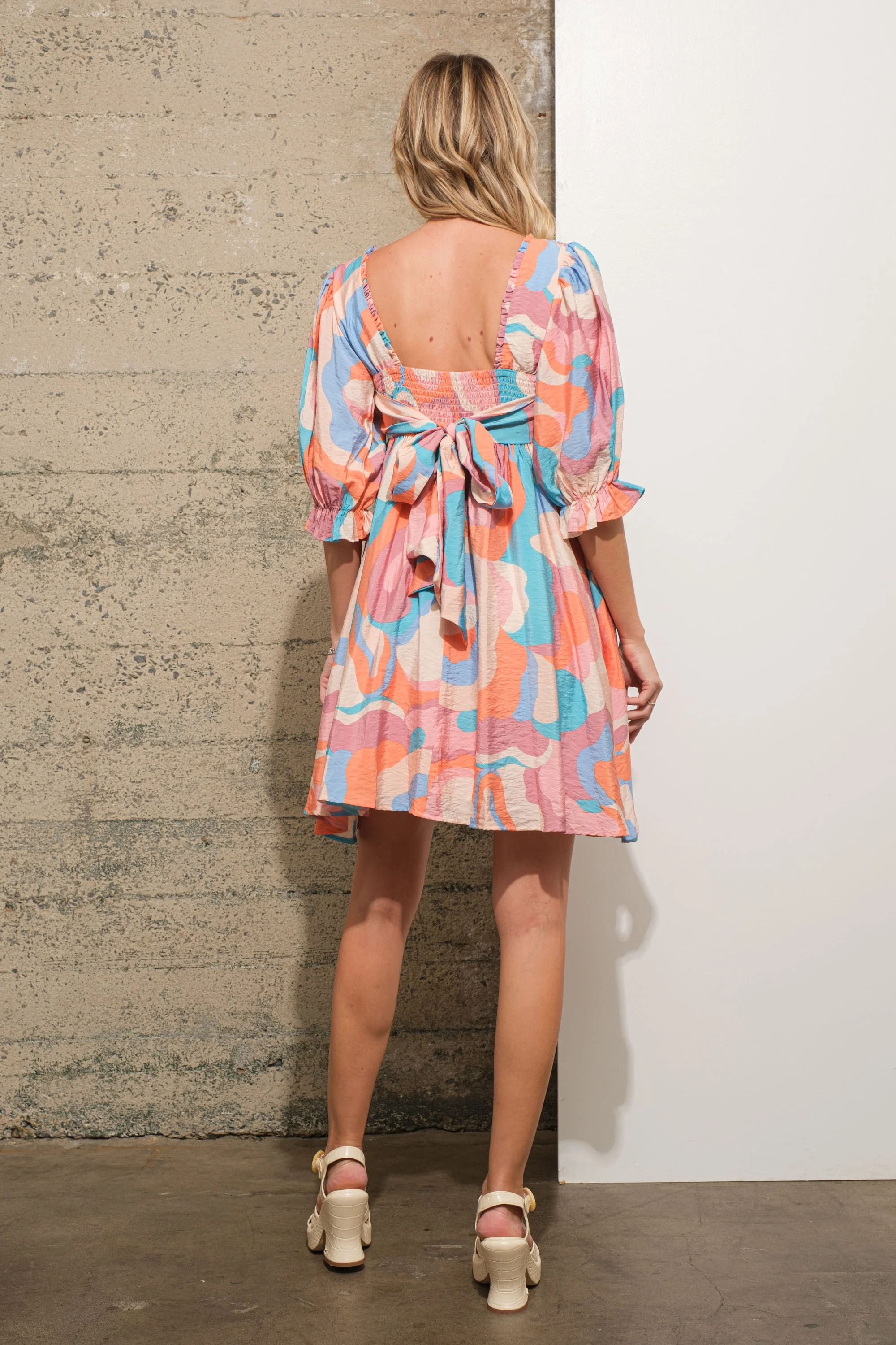 Blue Square Neck Swirl Multi Print Babydoll Mini Dress - Image 3