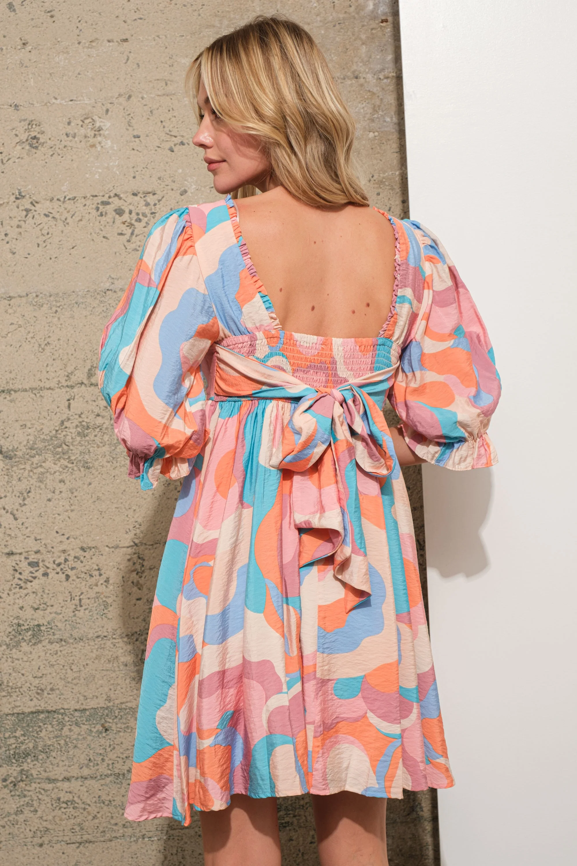 Blue Square Neck Swirl Multi Print Babydoll Mini Dress - Image 5