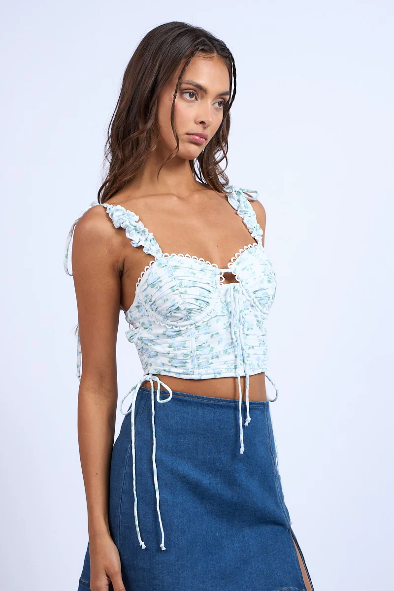 Blue Star Floral Ruffle Tie Strap Corset Crop Top - Image 2