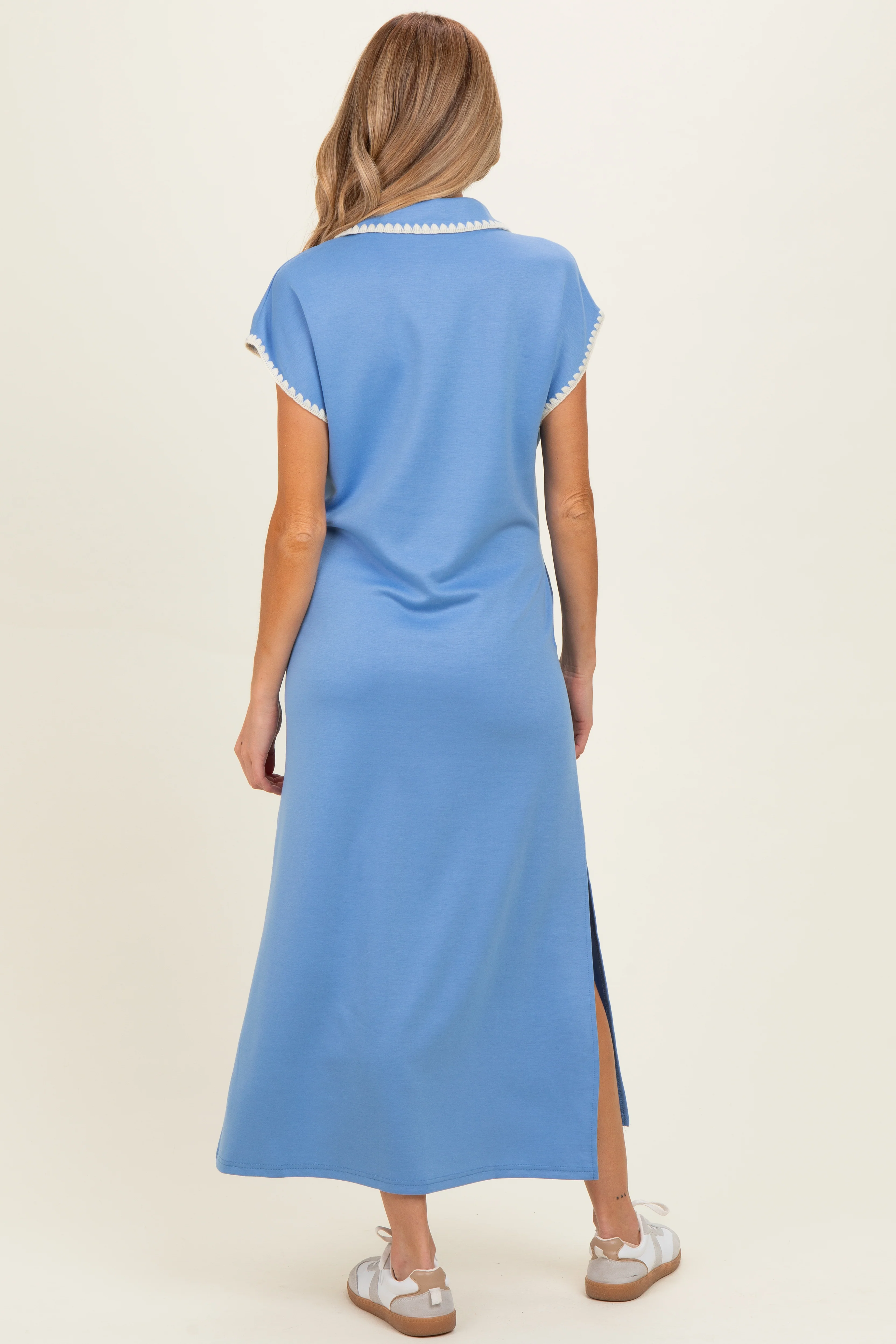 Blue Stitch Detail Collared Maternity Midi Dress - Image 3