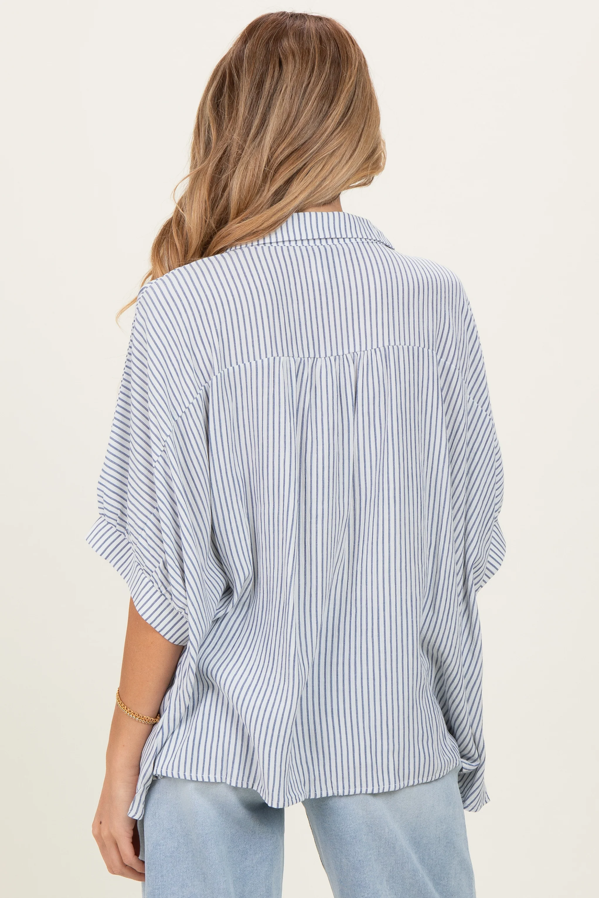 Blue Striped Boxy Button Down Maternity Top - Image 3