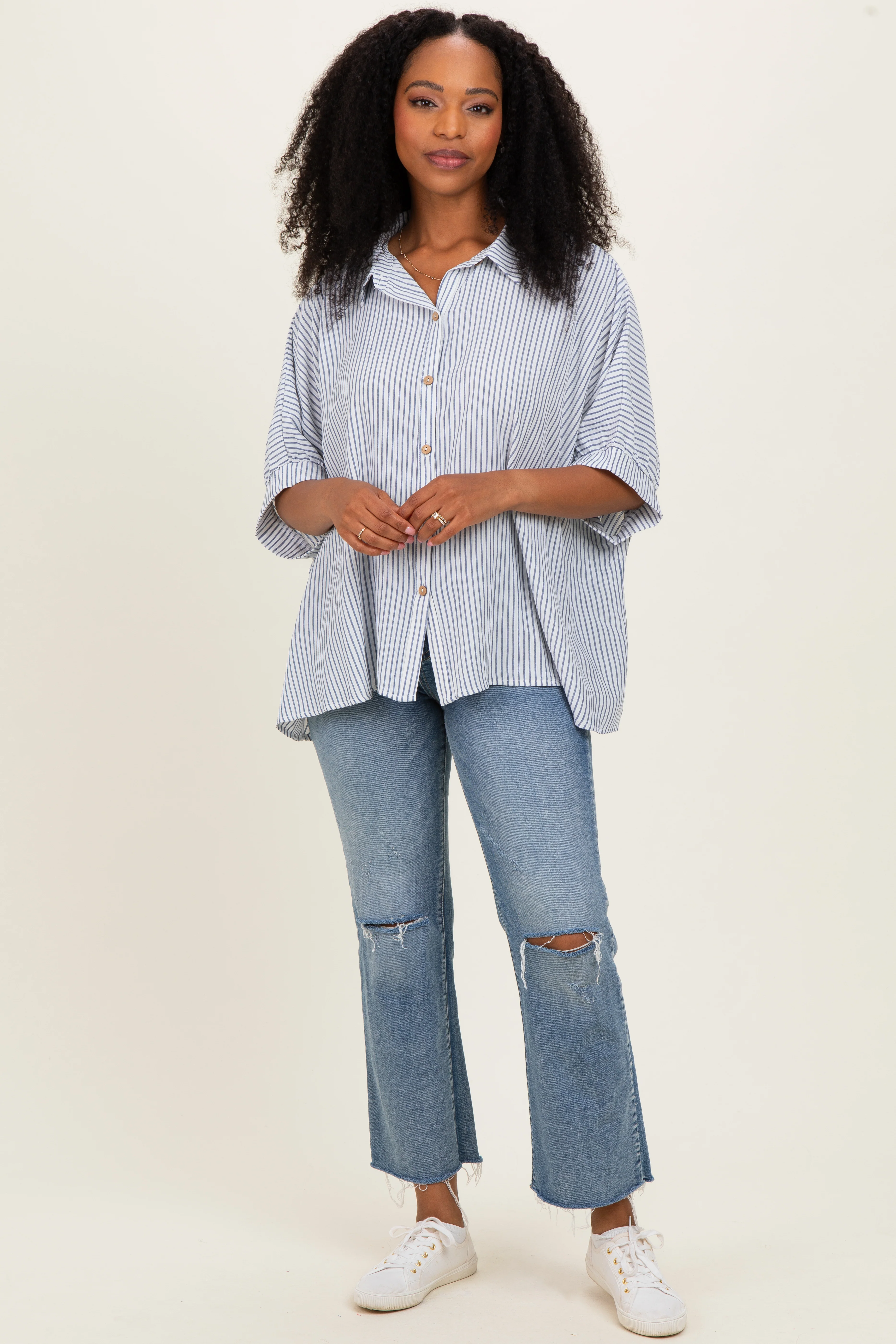 Blue Striped Boxy Button Down Maternity Top - Image 4