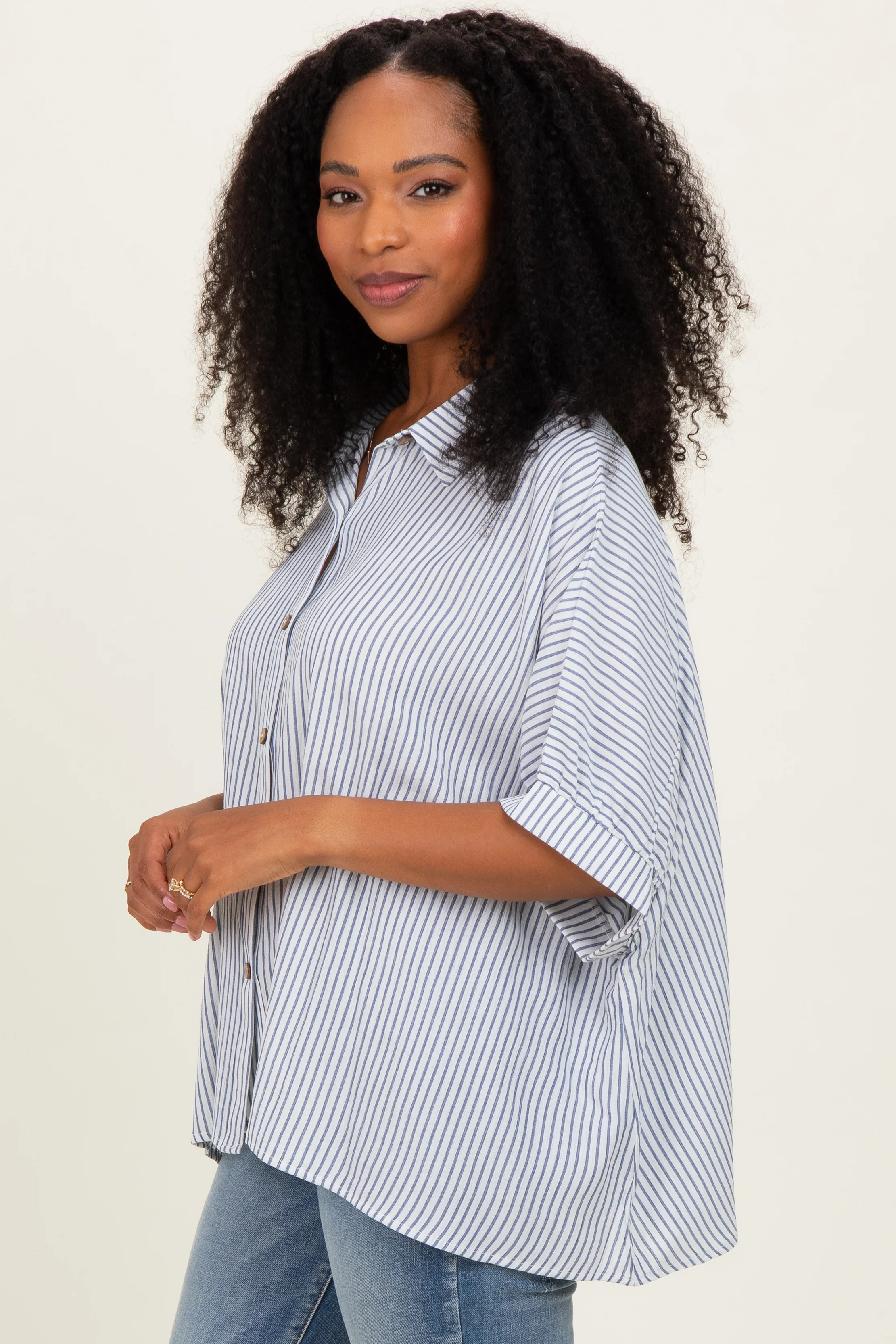 Blue Striped Boxy Button Down Top - Image 3