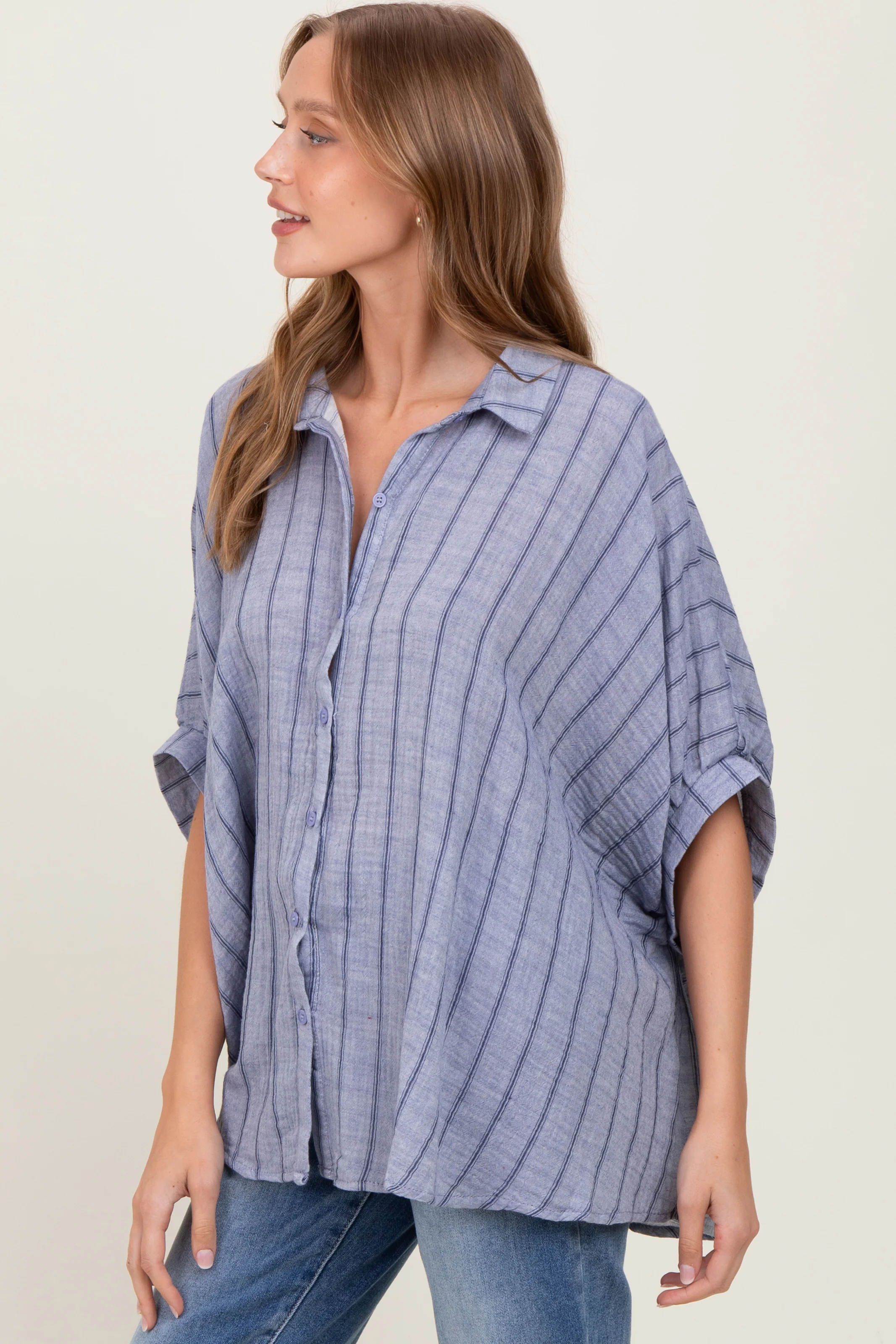 Blue Striped Collared Oversized Top - Image 3