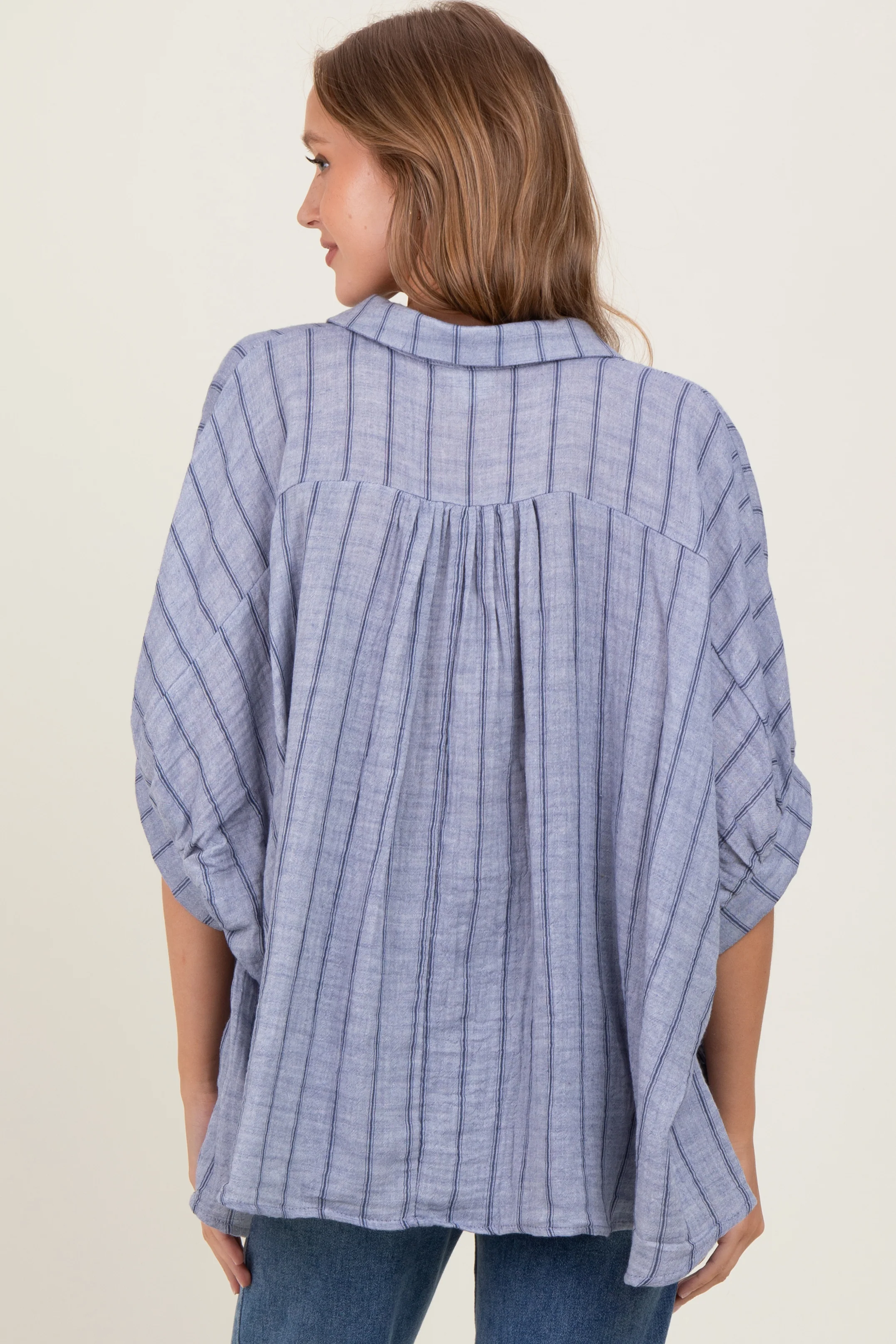 Blue Striped Collared Oversized Top - Image 4