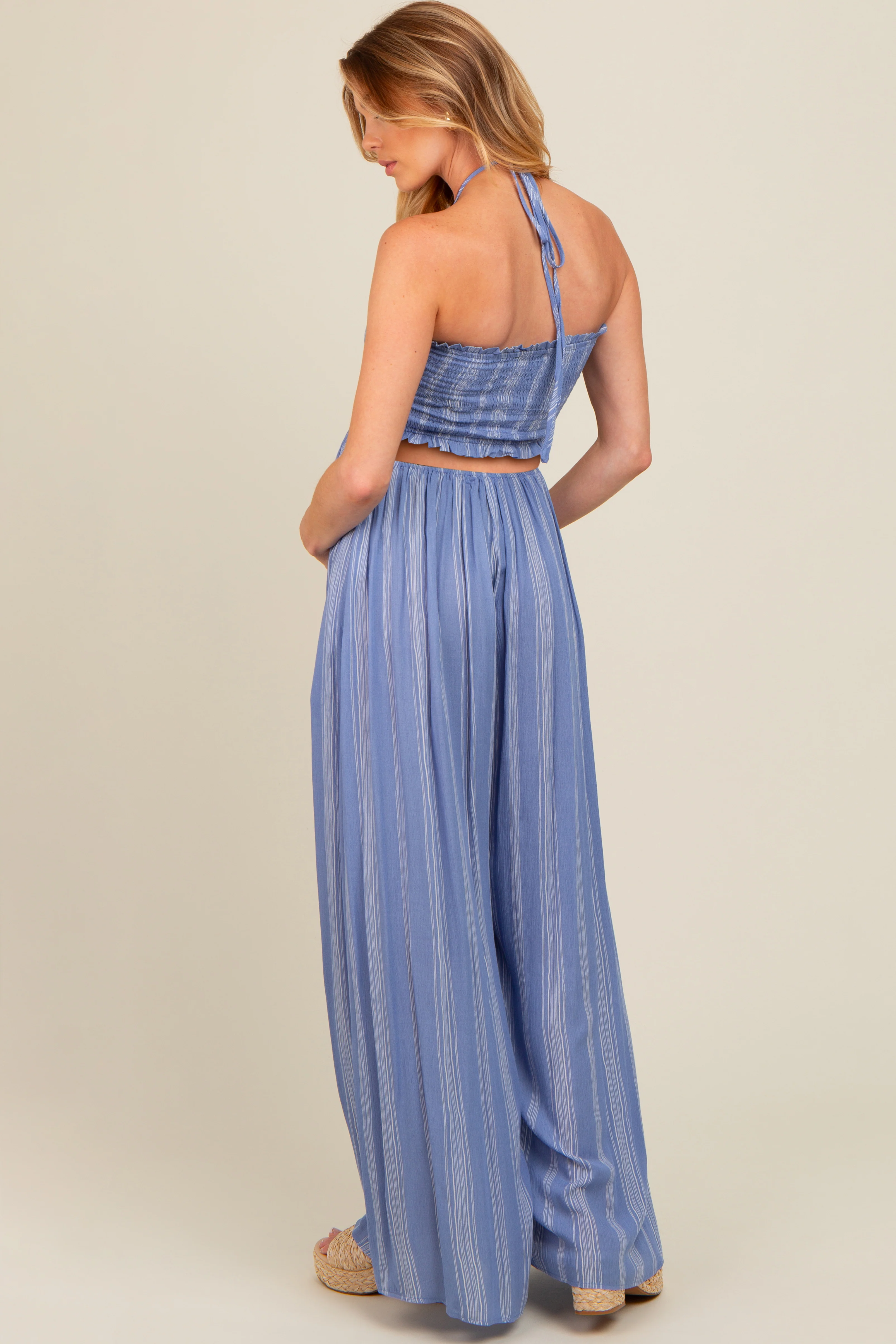 Blue Striped Cutout Halter Wide Leg Maternity Jumpsuit - Image 4