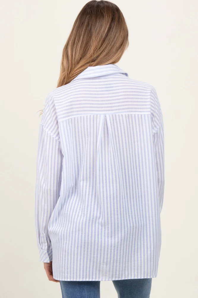 Blue Striped Double Pocket Maternity Button Down Top - Image 3