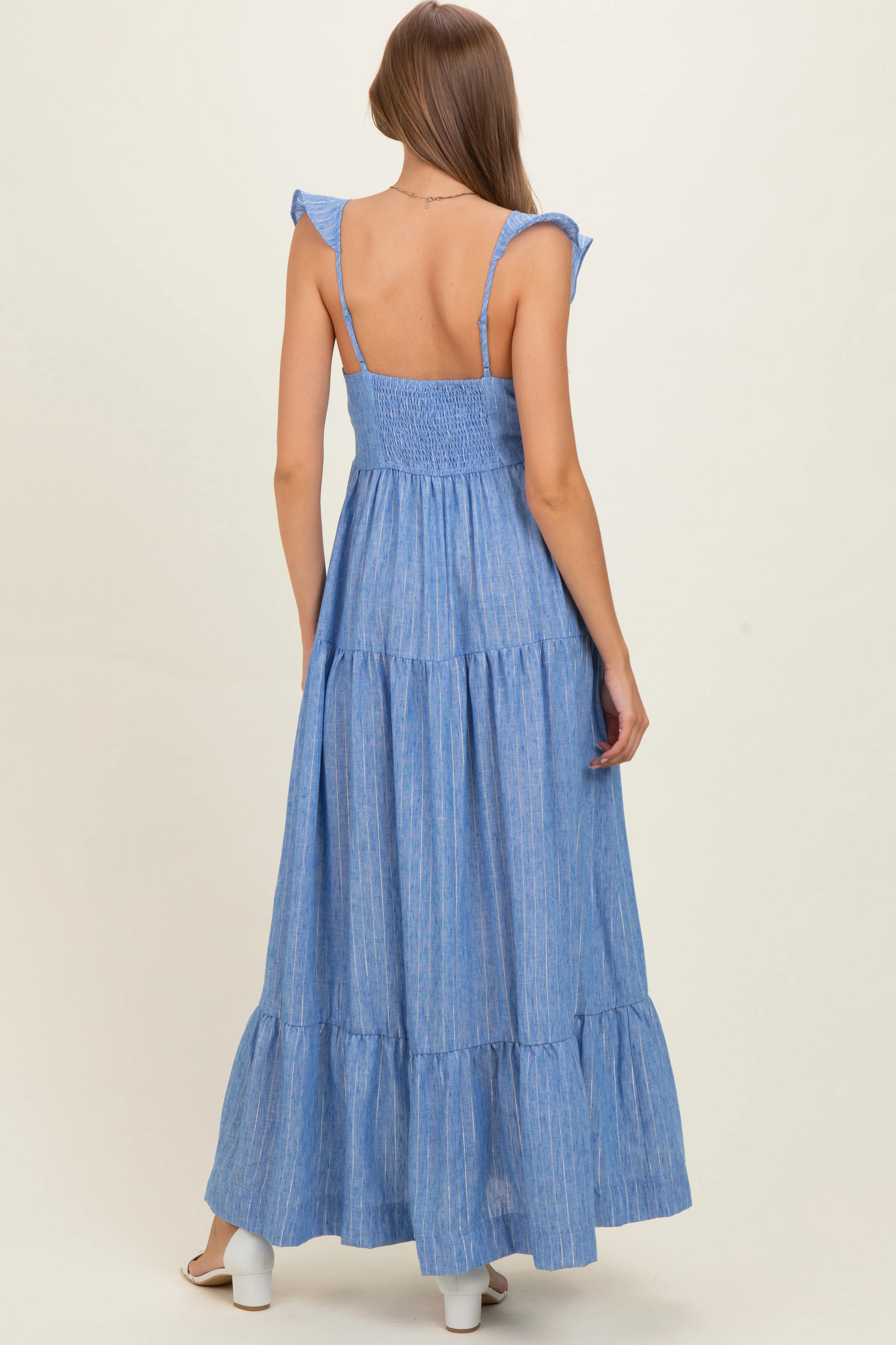 Blue Striped Flounce Neckline Button Down Maternity Maxi Dress - Image 3