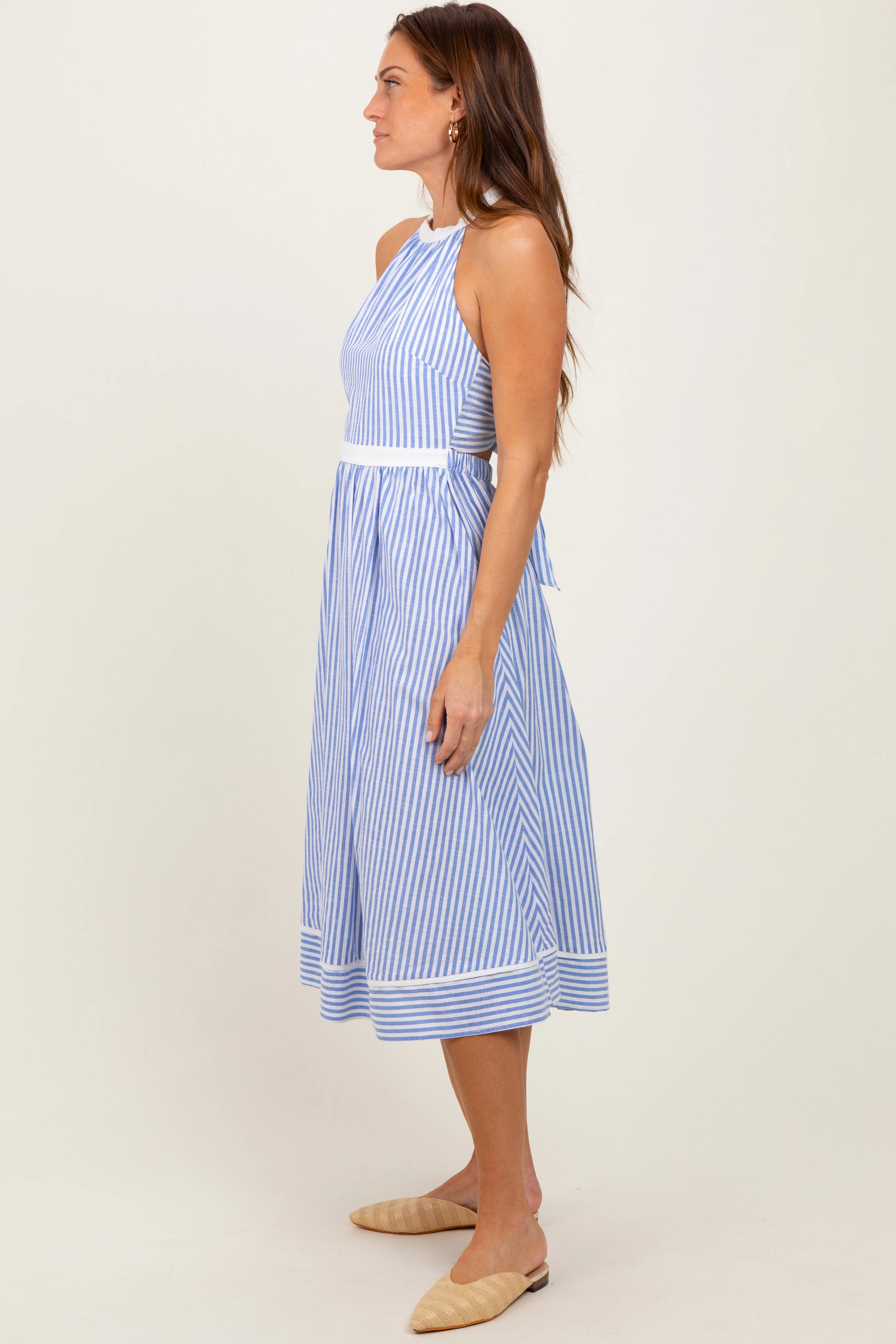 Blue Striped Halter Maternity Tie Back Cutout Midi Dress - Image 2