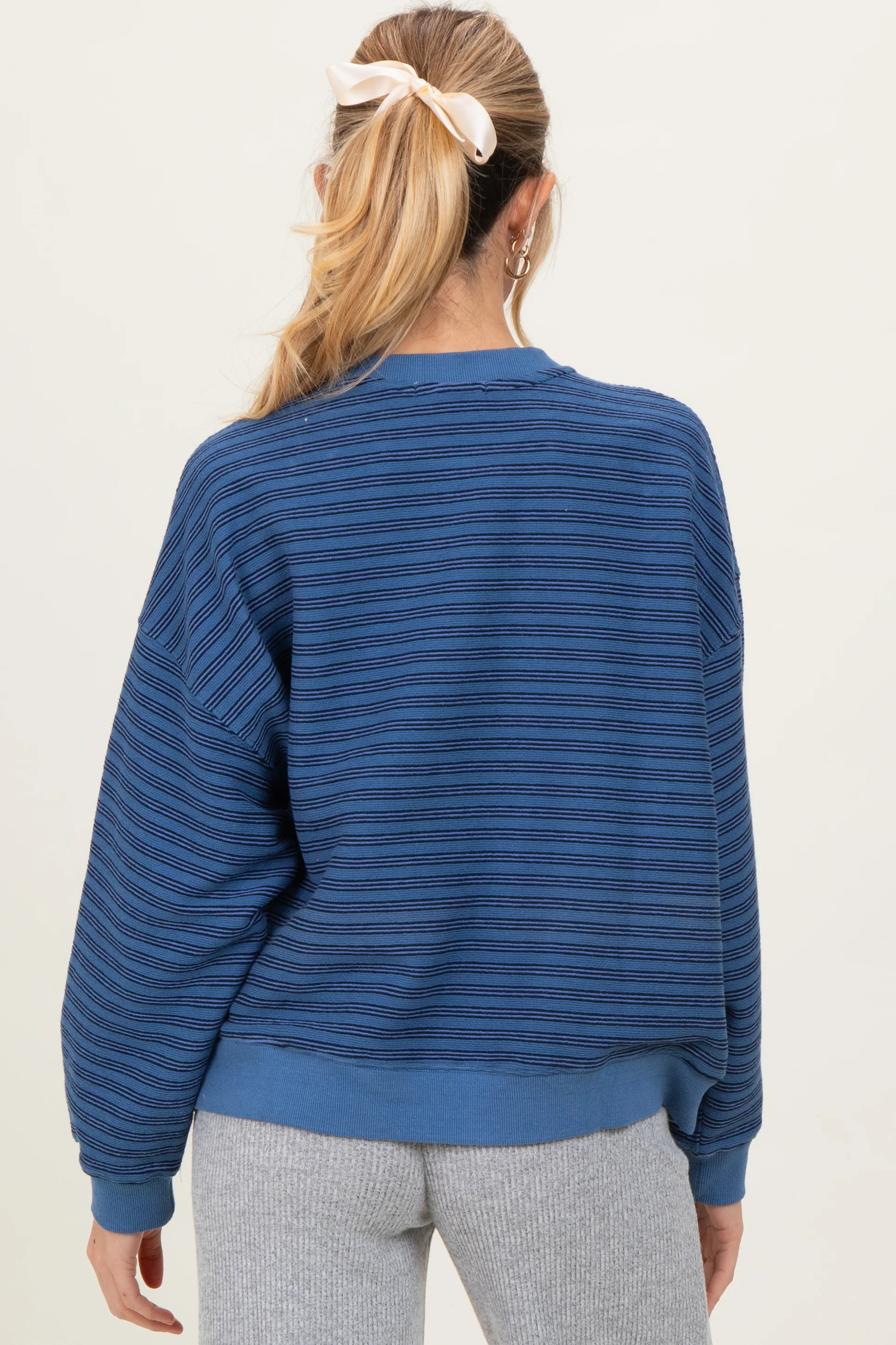 Blue Striped Knit Relaxed Fit Maternity Pullover - Image 3