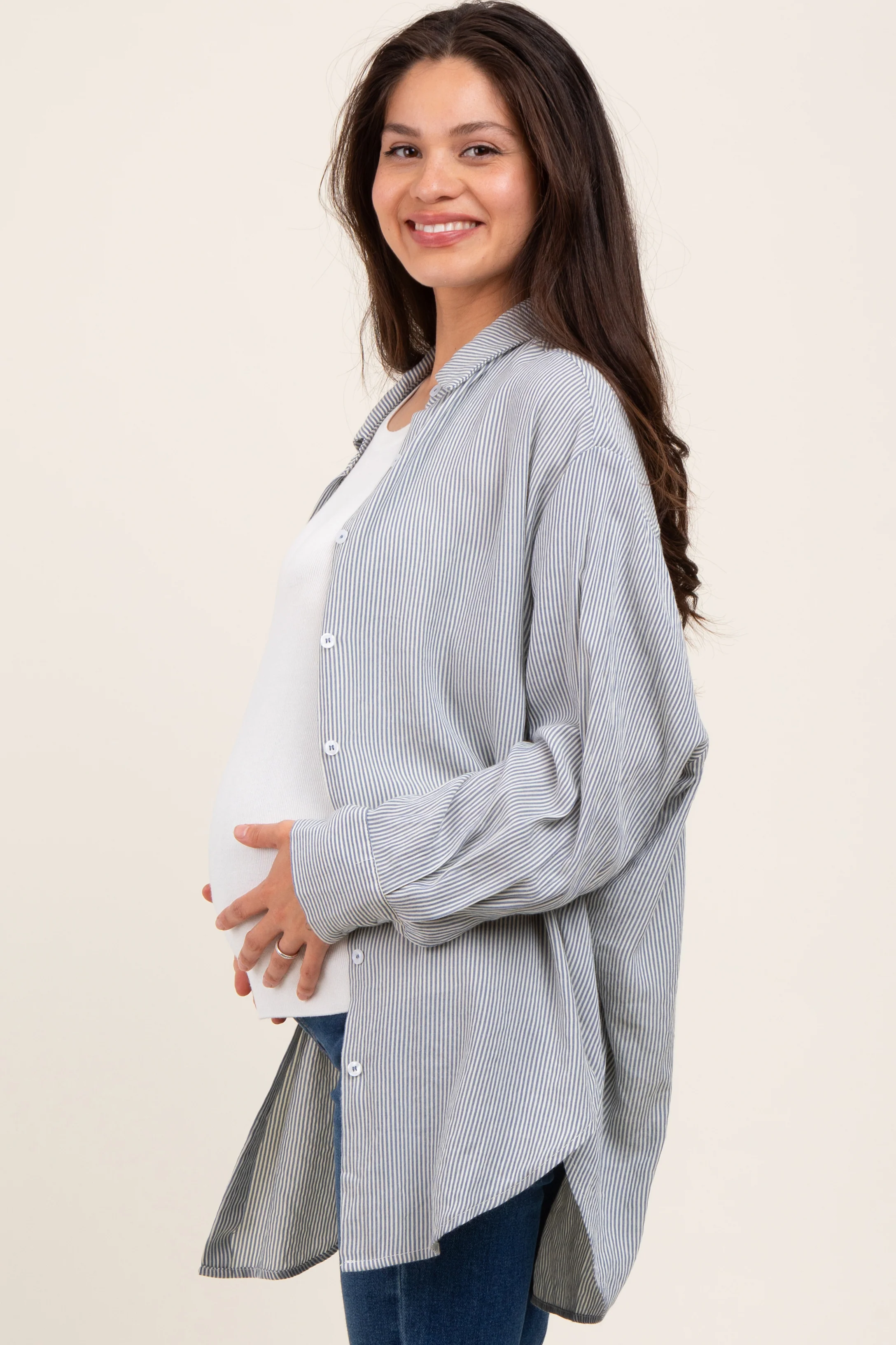 Blue Striped Oversized Maternity Button Down Shirt - Image 3