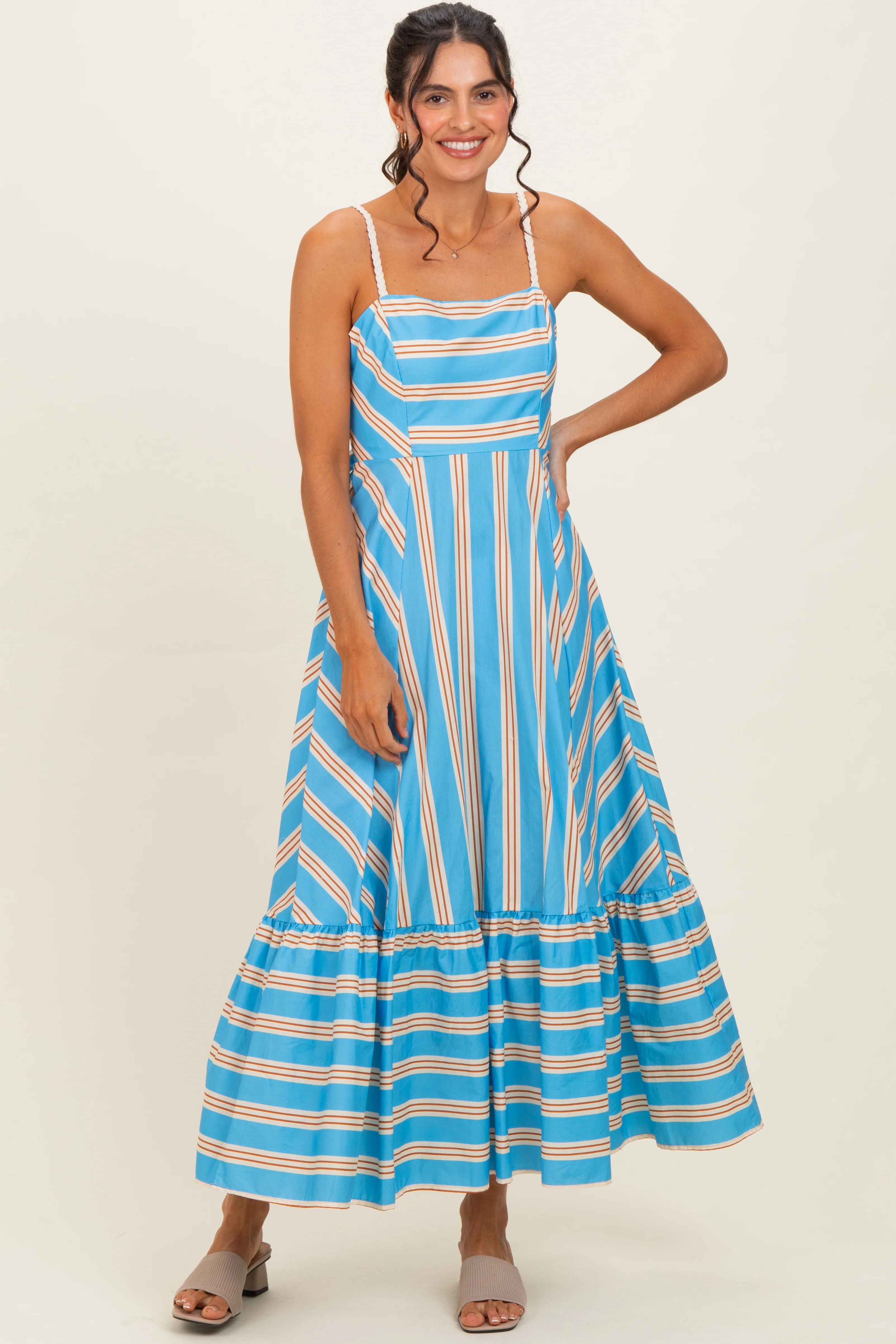 Blue Striped Ruffle Hem Maternity Midi Dress - Image 4