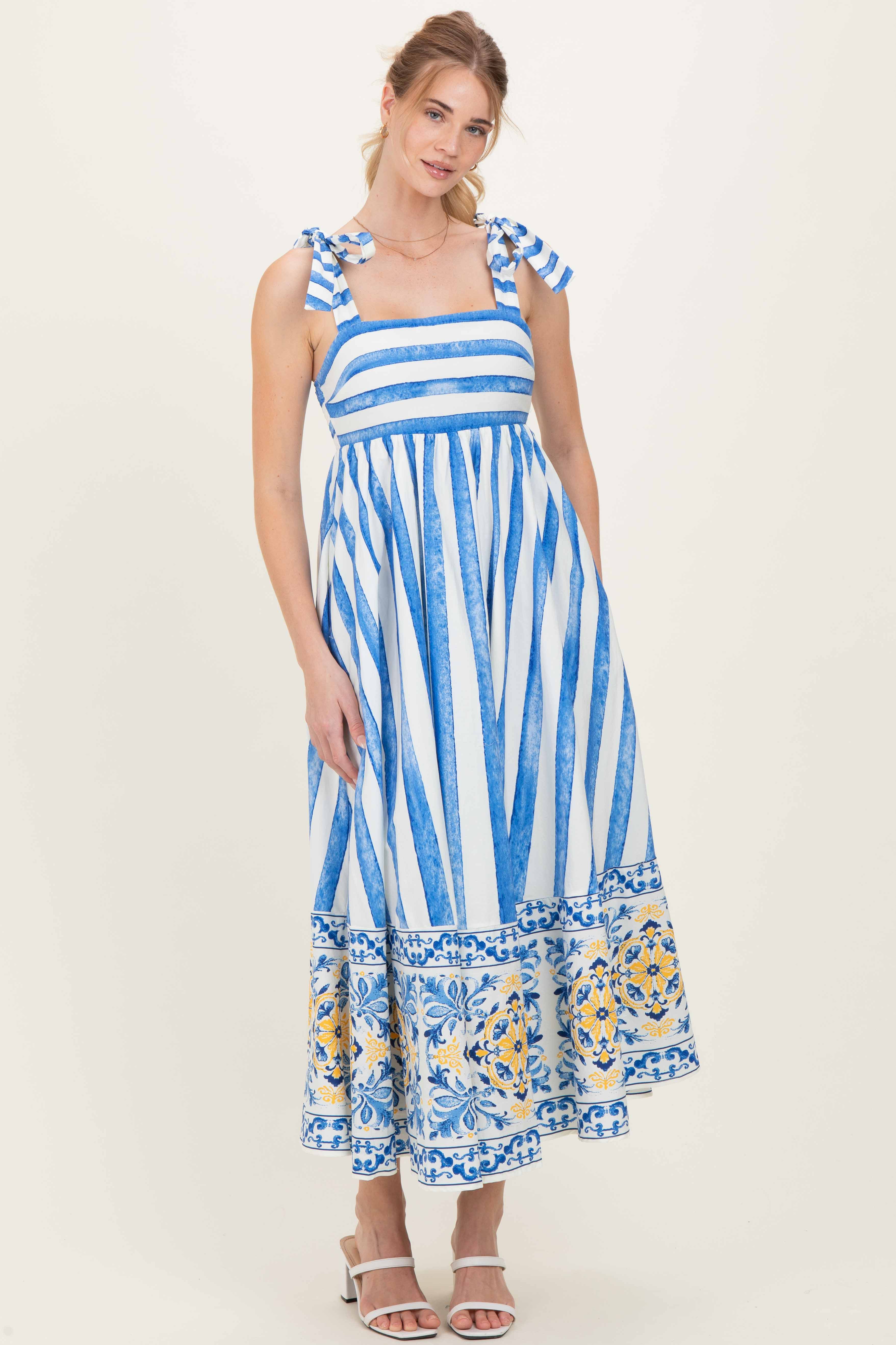 Blue Striped Shoulder Tie Printed Hem Maternity Midi Dress - Image 4