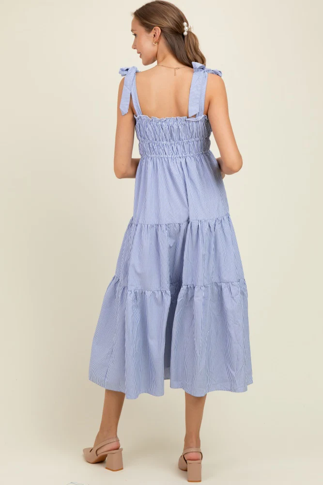Blue Striped Shoulder Tie Ruffle Accent Tiered Maternity Maxi Dress - Image 3