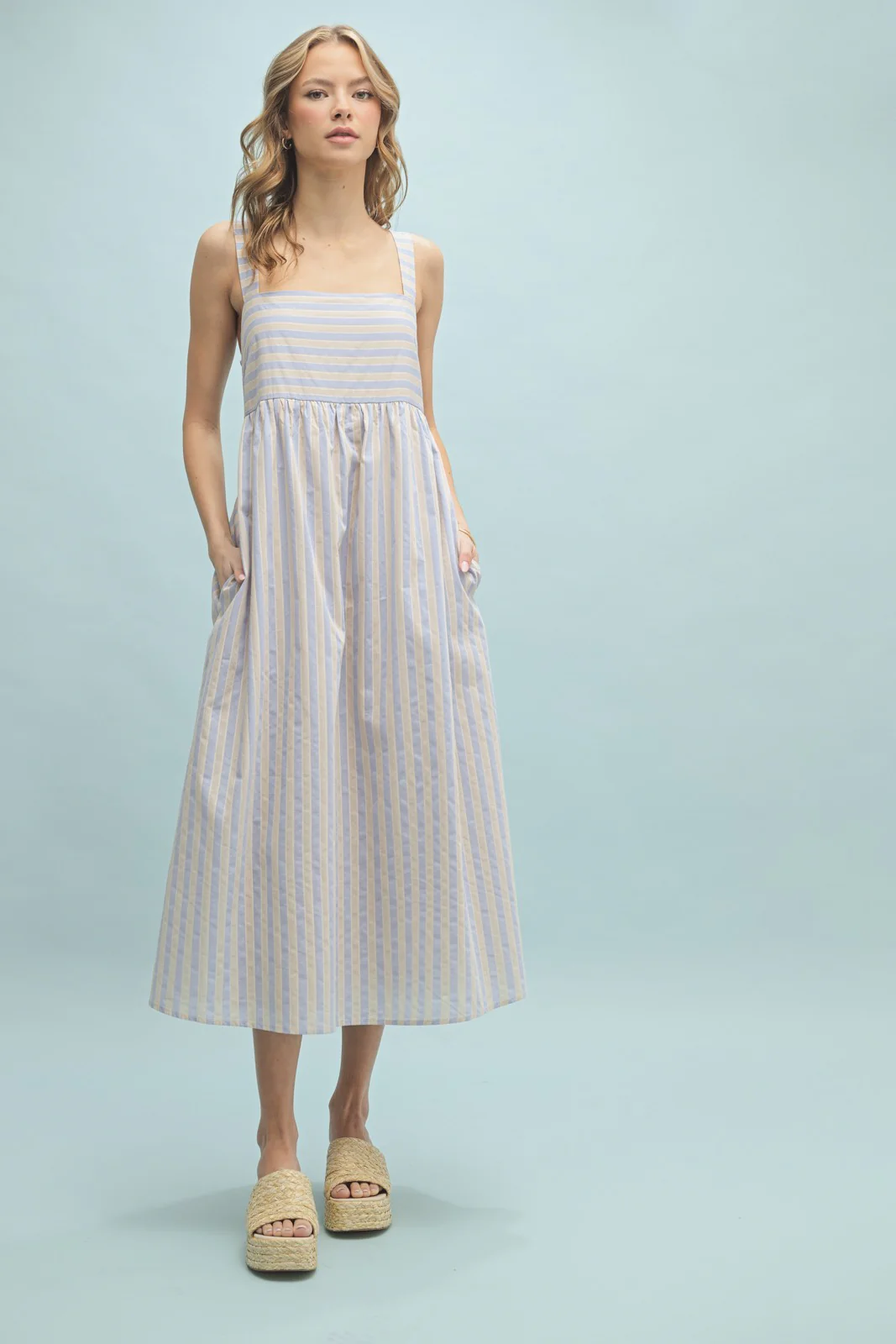 Blue Striped Sleeveless Maternity Midi Dress - Image 4