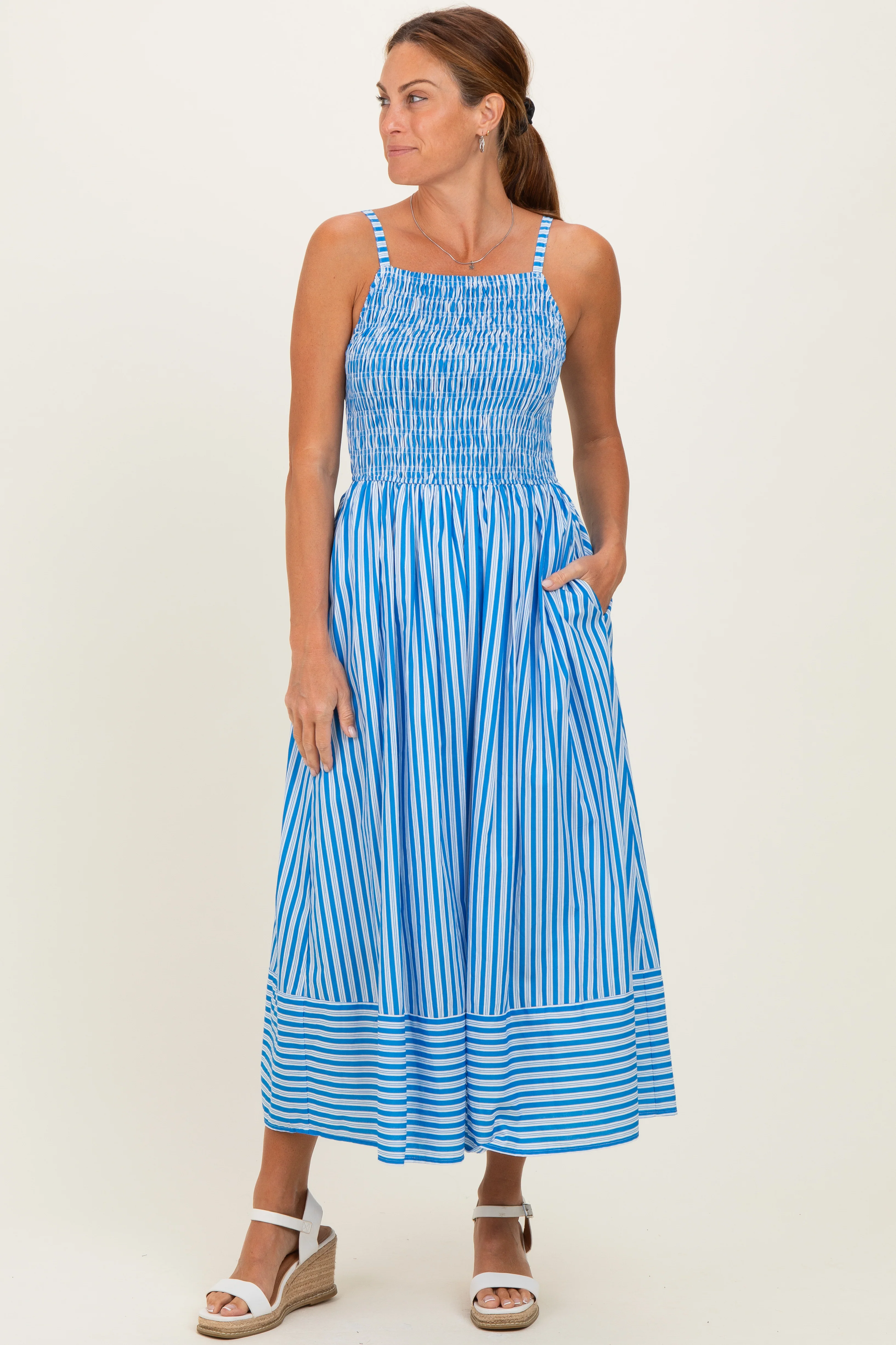 Blue Striped Smocked Maternity Midi Dress - Image 3
